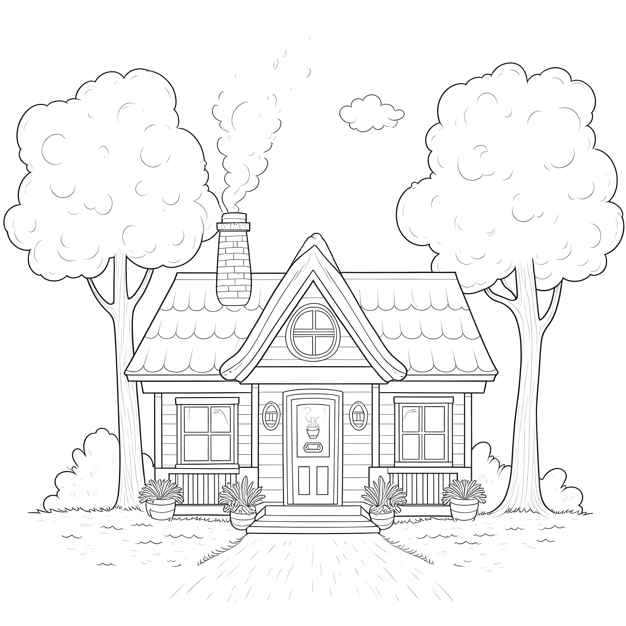House with a charming cottage design Coloring Page (free black-and-white line drawing printable PDF for all, from beginners to advanced learners, including children, teens, adults, and seniors)