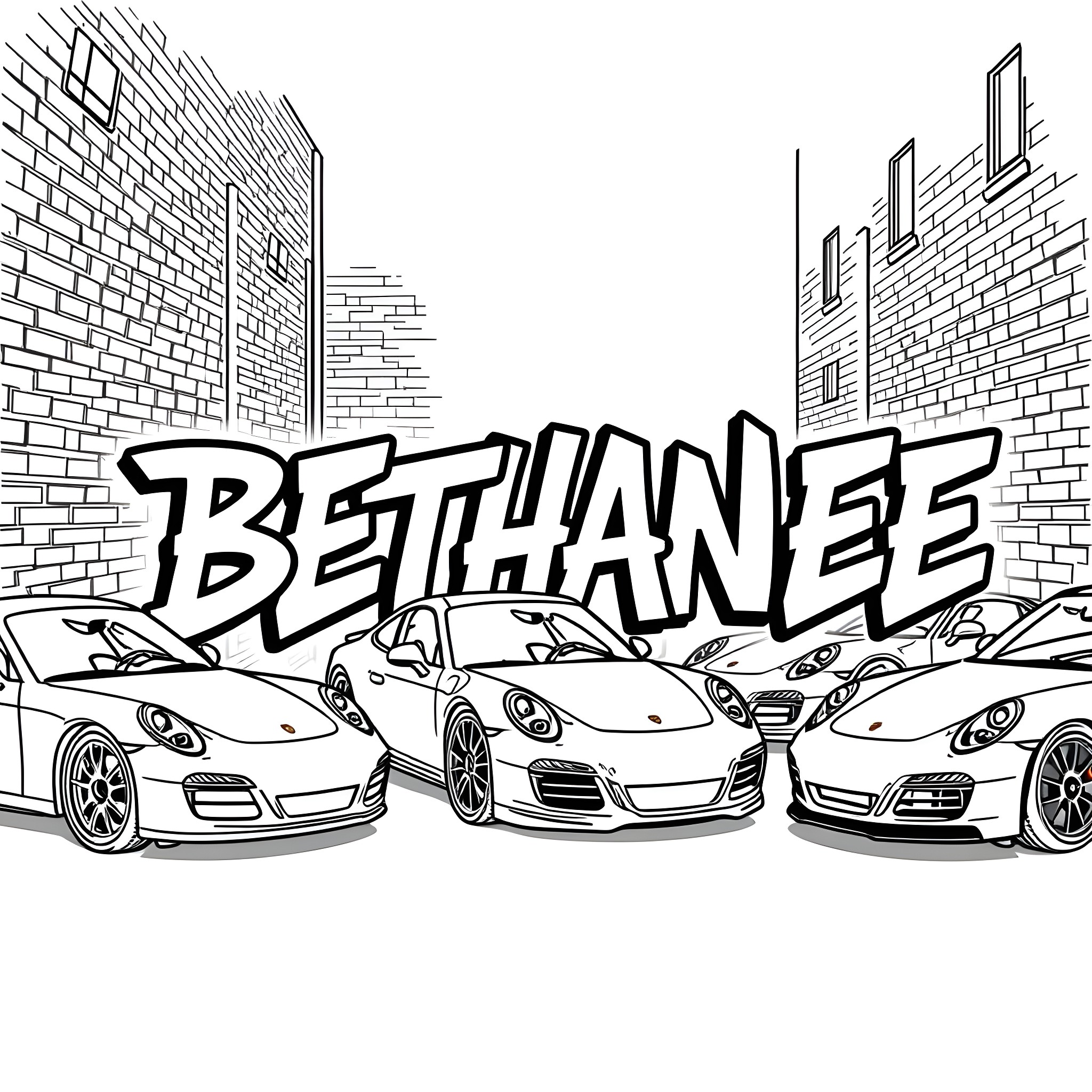 Porsche sports cars street racing in city Coloring Page (free black-and-white line drawing printable PDF for all, from beginners to advanced learners, including children, teens, adults, and seniors)