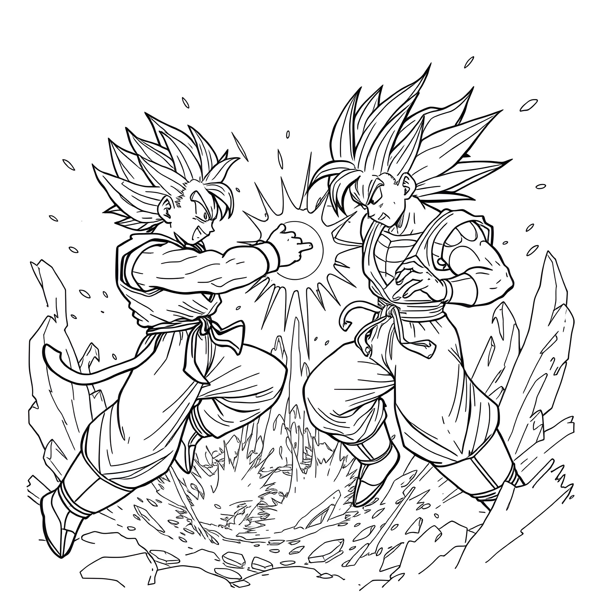 Goku and Vegeta in epic battle Coloring Page (free black-and-white line drawing printable PDF for all, from beginners to advanced learners, including children, teens, adults, and seniors)