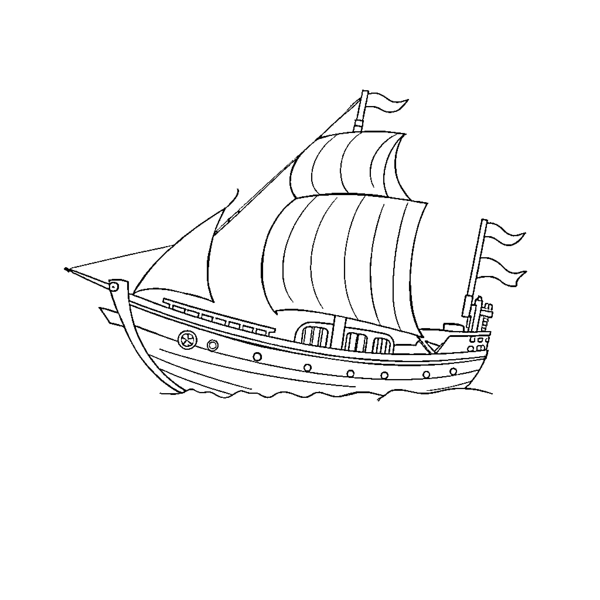 Spaceship sailing the high seas Coloring Page (free black-and-white line drawing printable PDF for all, from beginners to advanced learners, including children, teens, adults, and seniors)