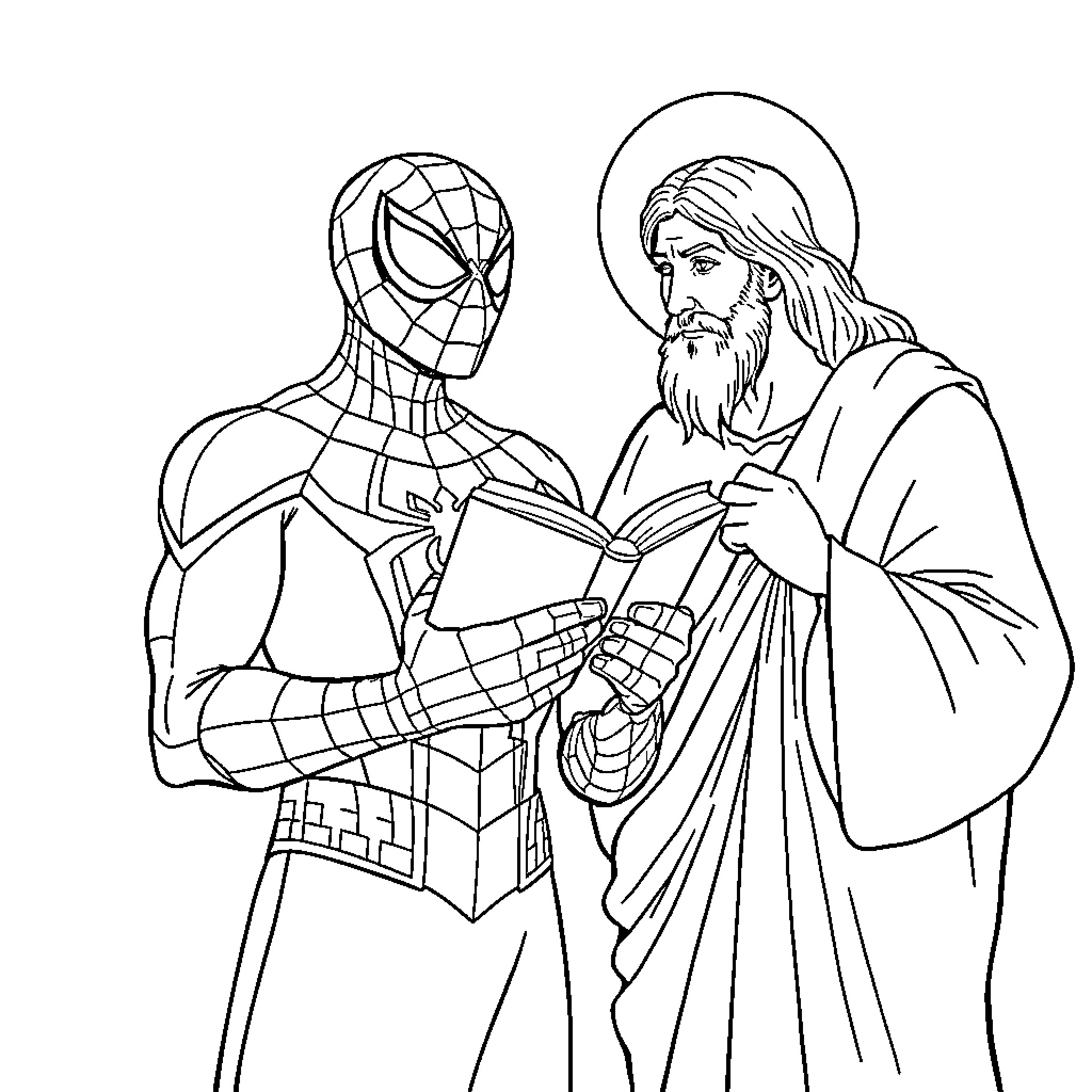 Spider-Man meeting with a religious figure Coloring Page (free black-and-white line drawing printable PDF for all, from beginners to advanced learners, including children, teens, adults, and seniors)
