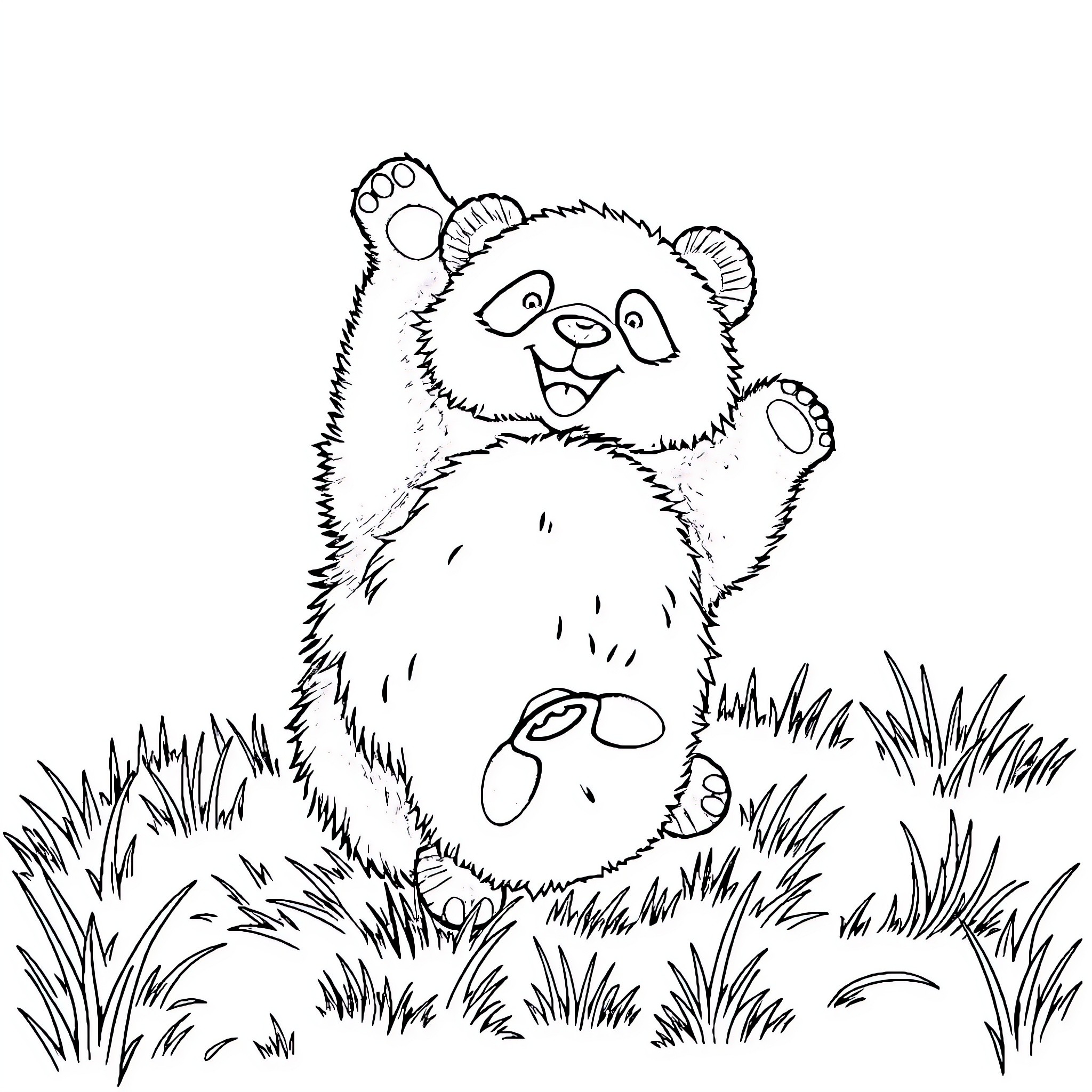 Panda Playing Joyfully in the Grass Coloring Page (free black-and-white line drawing printable PDF for all, from beginners to advanced learners, including children, teens, adults, and seniors)