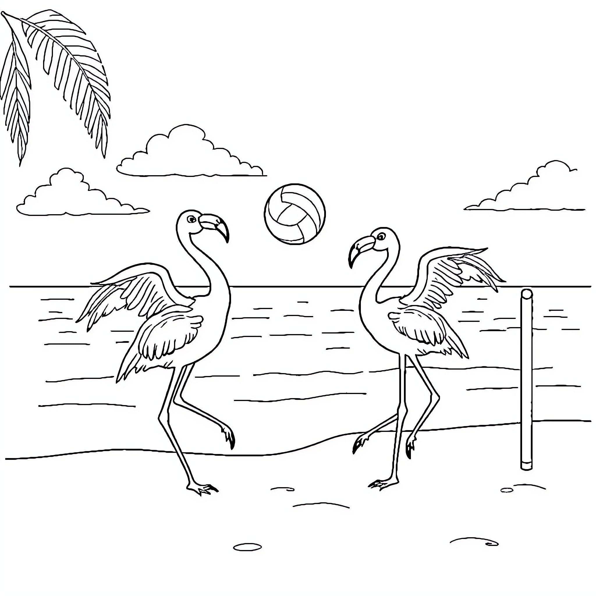 Flamingos playing with a volleyball on the beach Coloring Page (free black-and-white line drawing printable PDF for all, from beginners to advanced learners, including children, teens, adults, and seniors)
