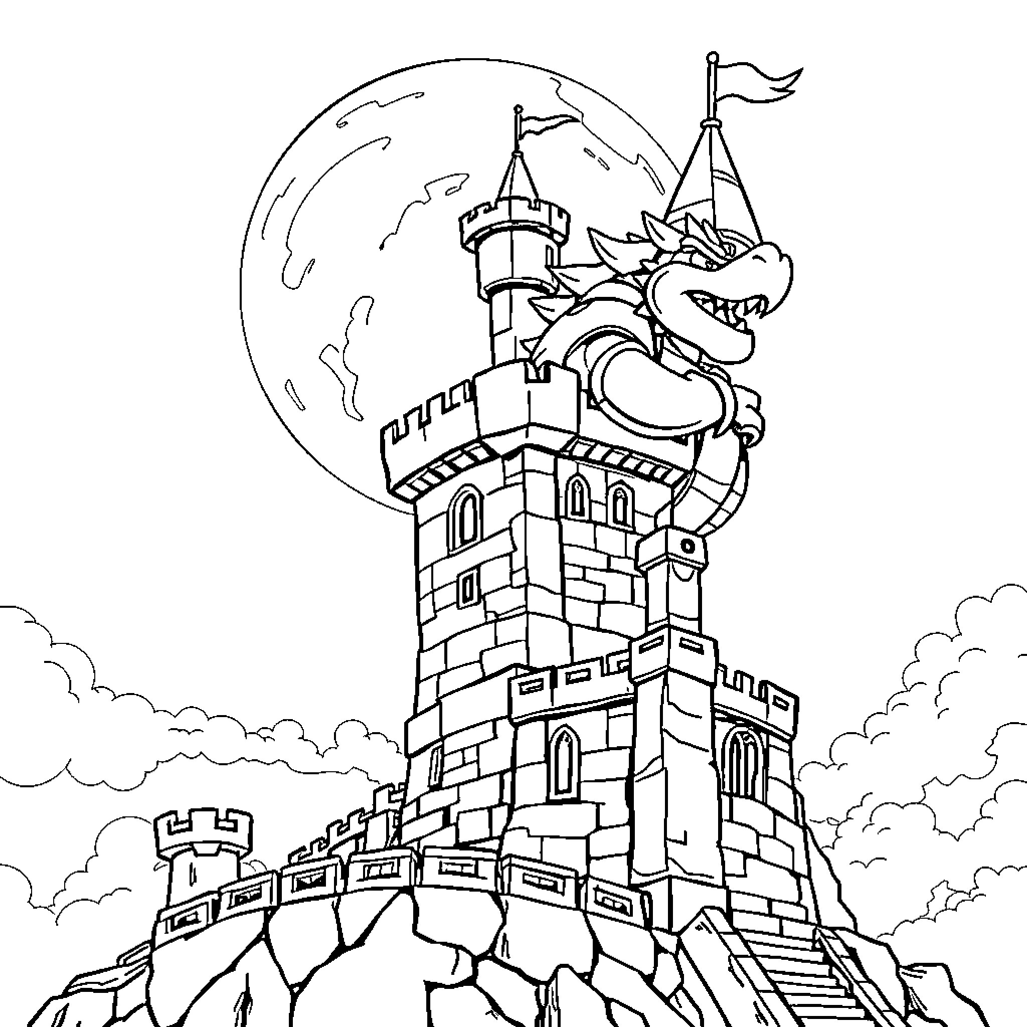 Bowser's Formidable Castle Stronghold Coloring Page (free black-and-white line drawing printable PDF for all, from beginners to advanced learners, including children, teens, adults, and seniors)