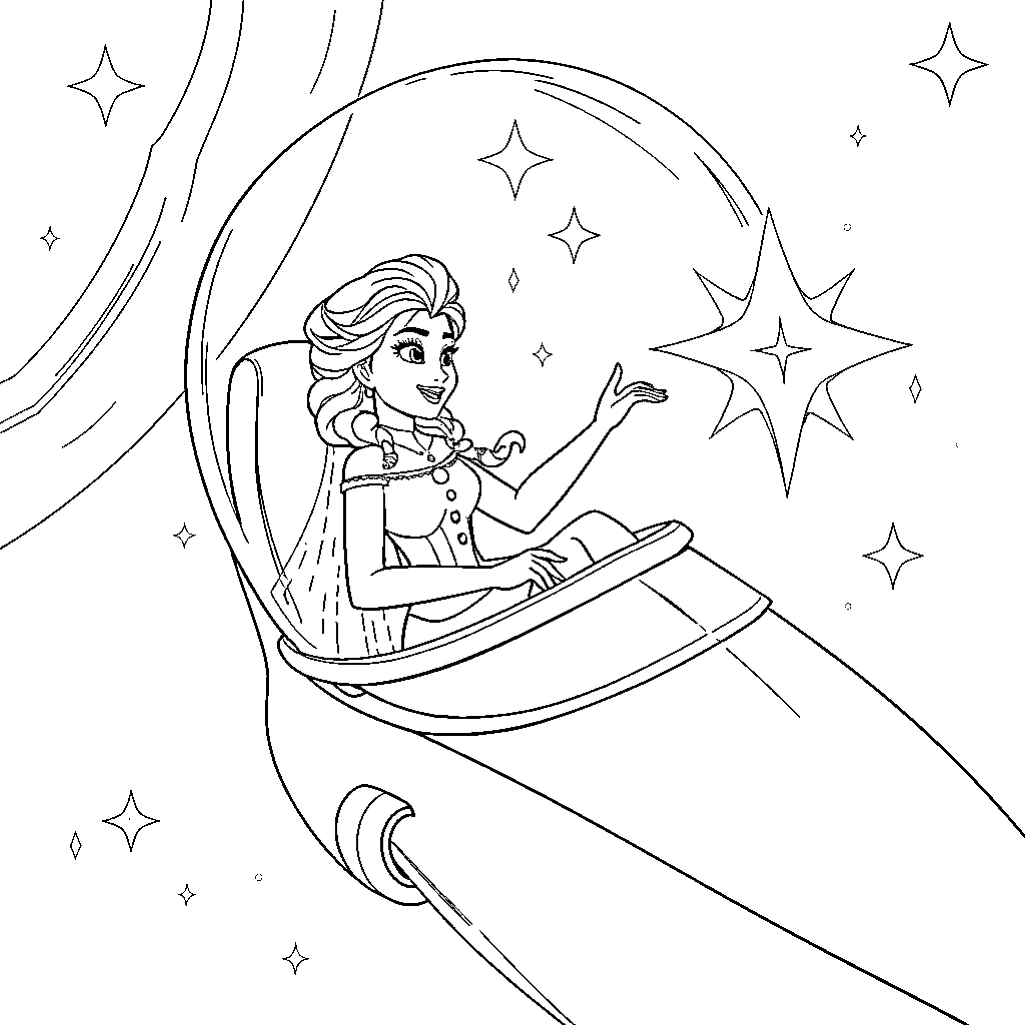 Elsa gazing at the starry night sky Coloring Page (free black-and-white line drawing printable PDF for all, from beginners to advanced learners, including children, teens, adults, and seniors)