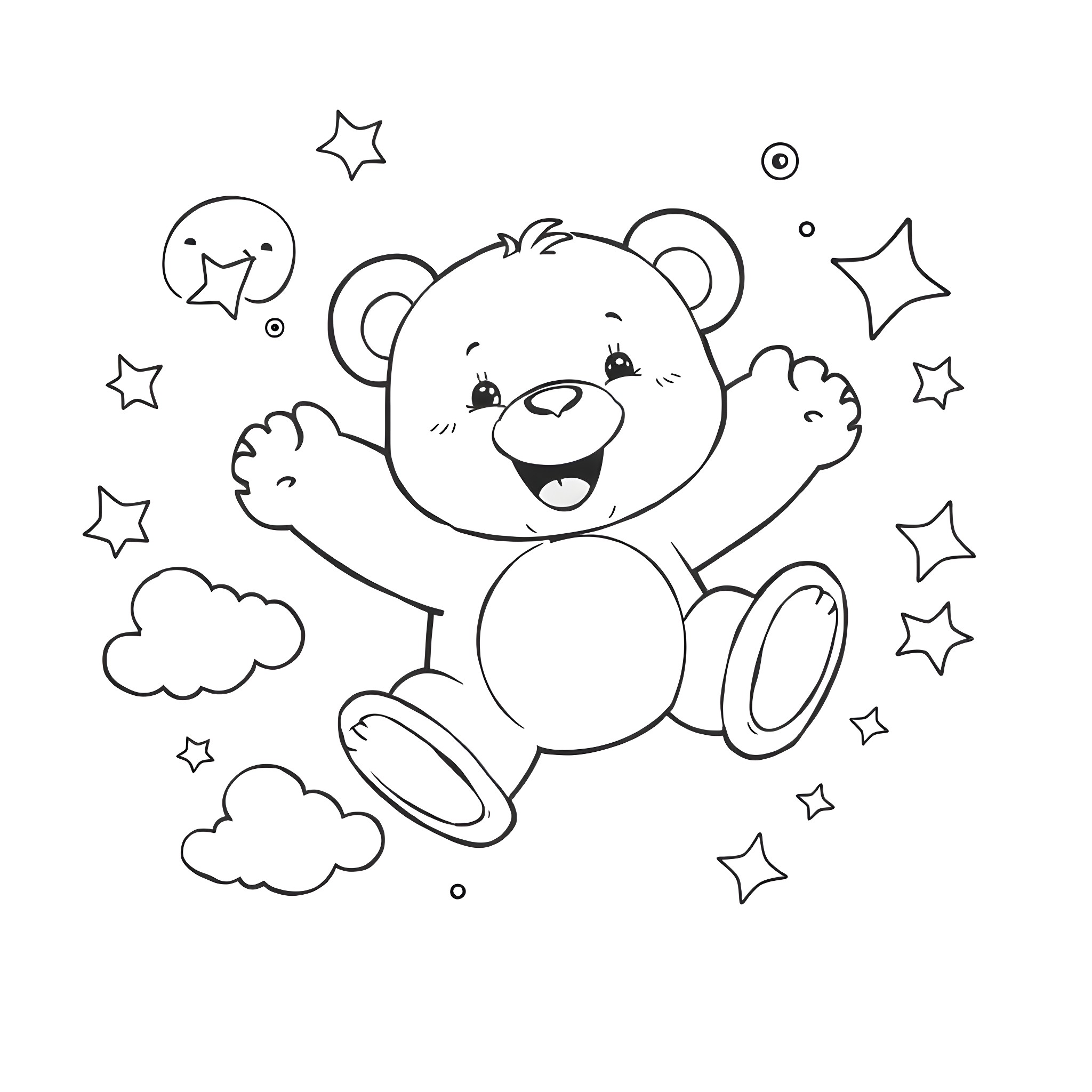 Teddy Bear Joyfully Jumping Amidst Starry Clouds Coloring Page (free black-and-white line drawing printable PDF for all, from beginners to advanced learners, including children, teens, adults, and seniors)