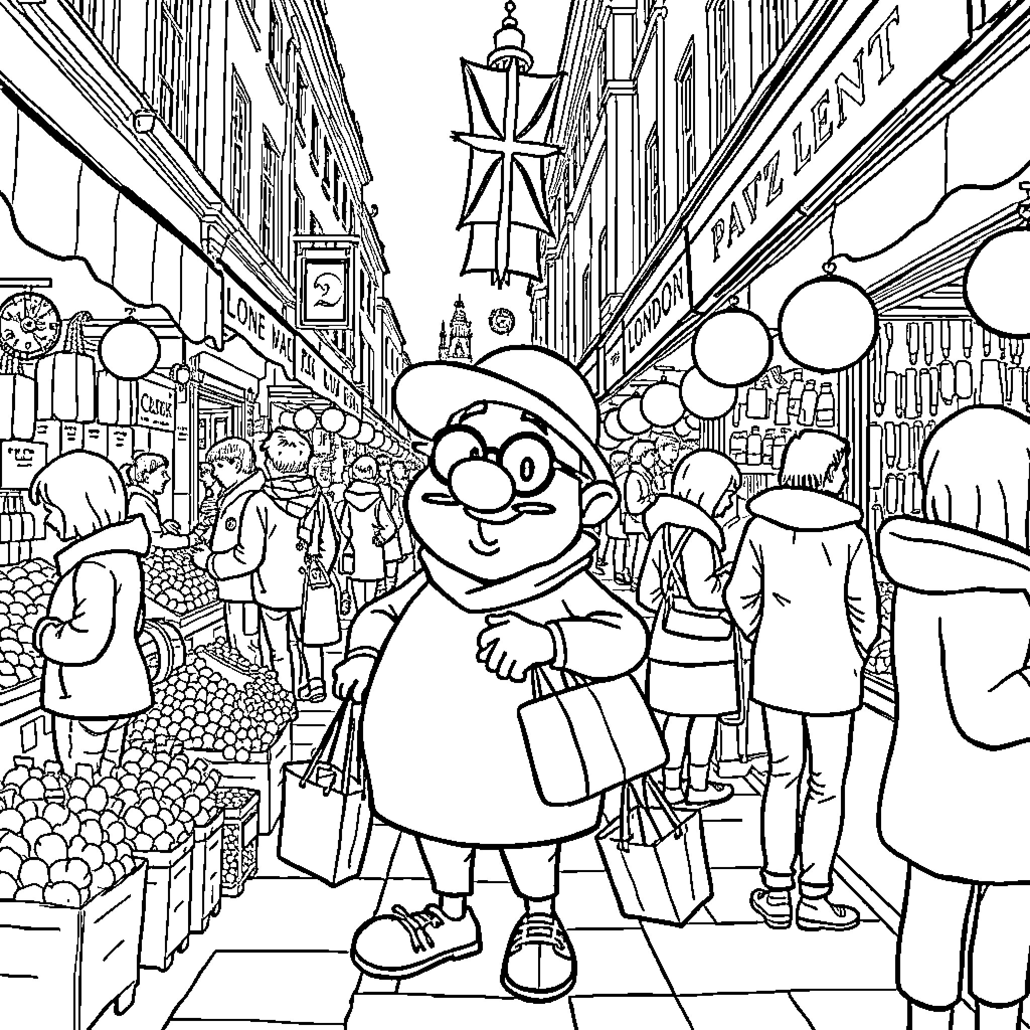 Pimpa explores the bustling city marketplace Coloring Page (free black-and-white line drawing printable PDF for all, from beginners to advanced learners, including children, teens, adults, and seniors)