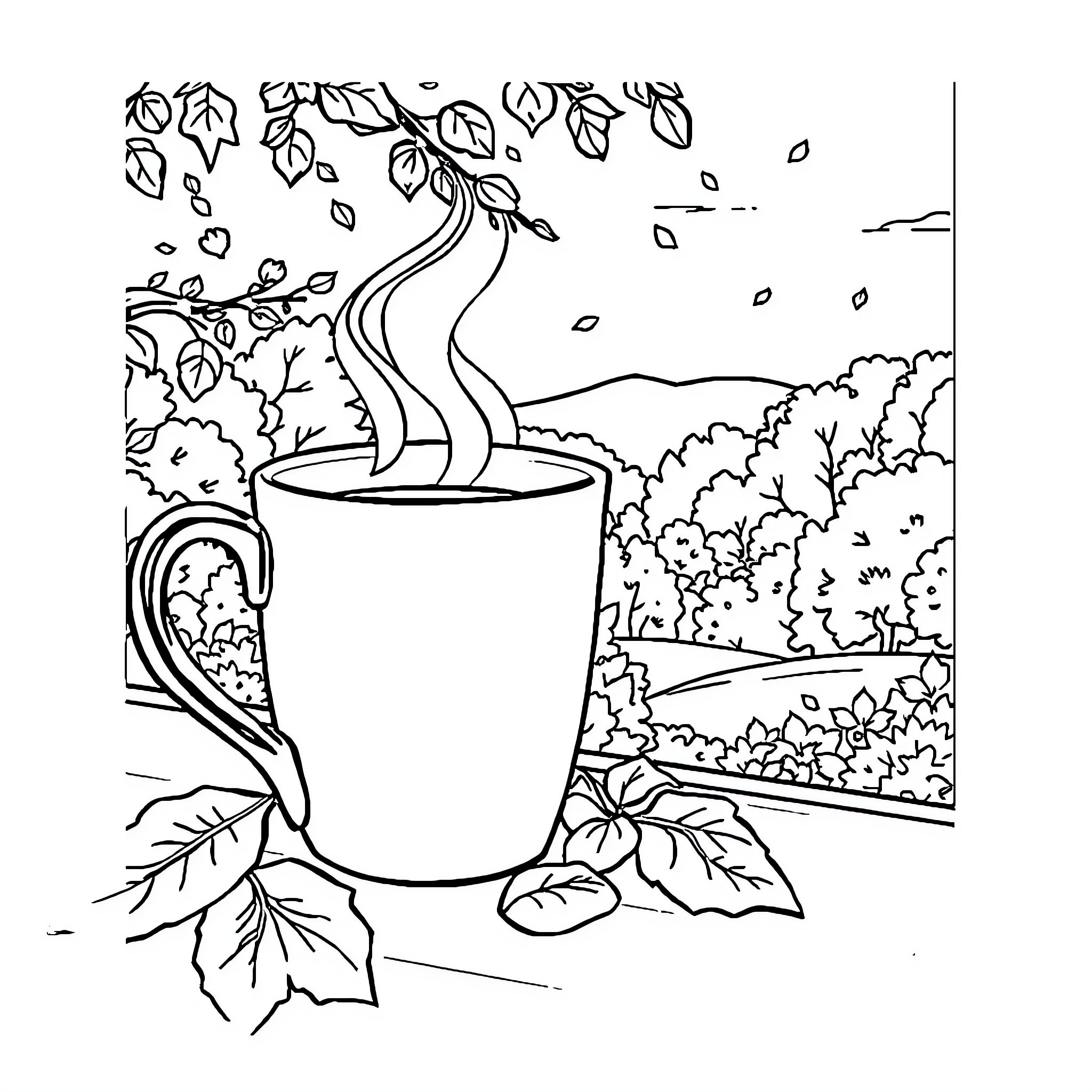 Coffee in the Autumnal Outdoors Coloring Page (free black-and-white line drawing printable PDF for all, from beginners to advanced learners, including children, teens, adults, and seniors)
