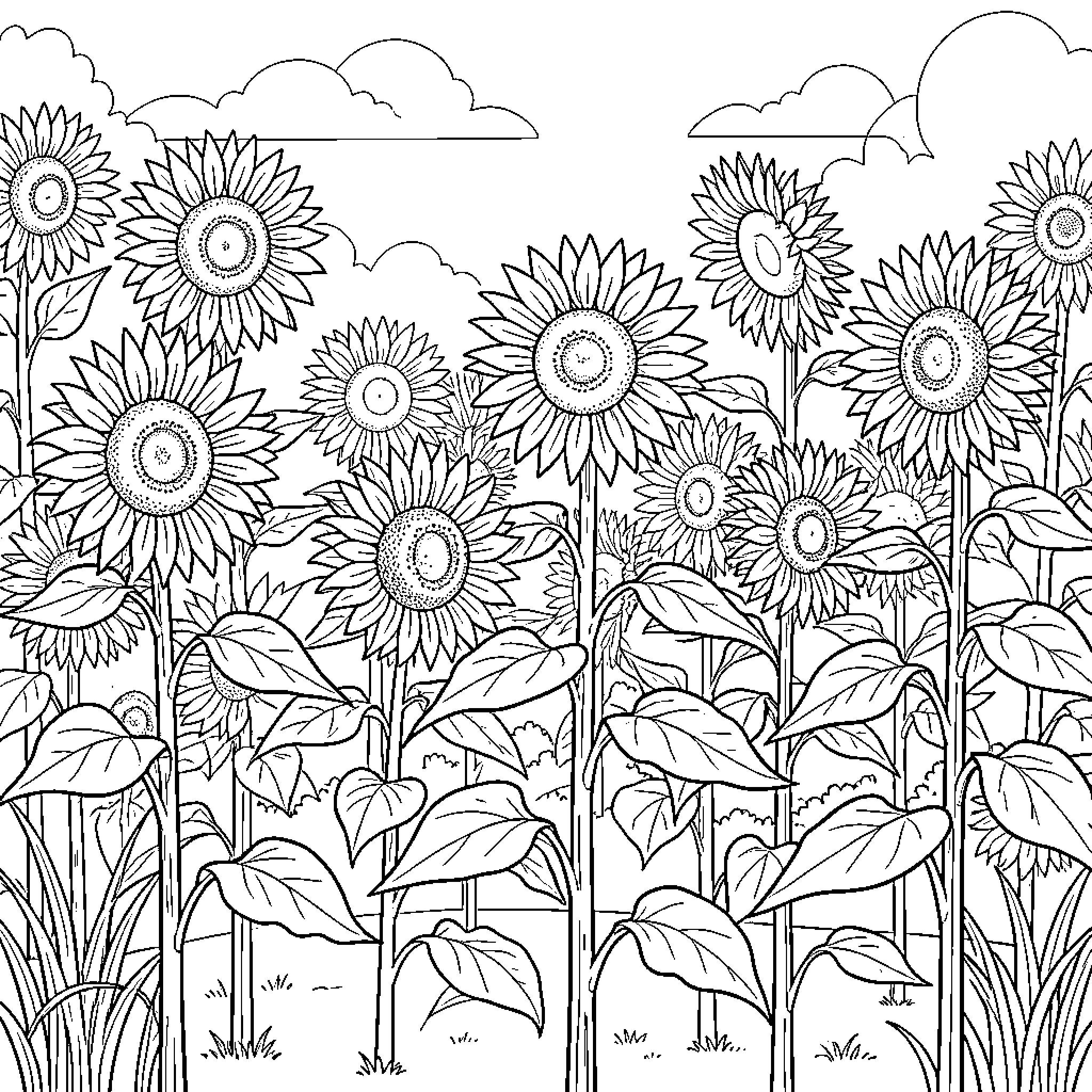 Sunflower field in the countryside Coloring Page (free black-and-white line drawing printable PDF for all, from beginners to advanced learners, including children, teens, adults, and seniors)