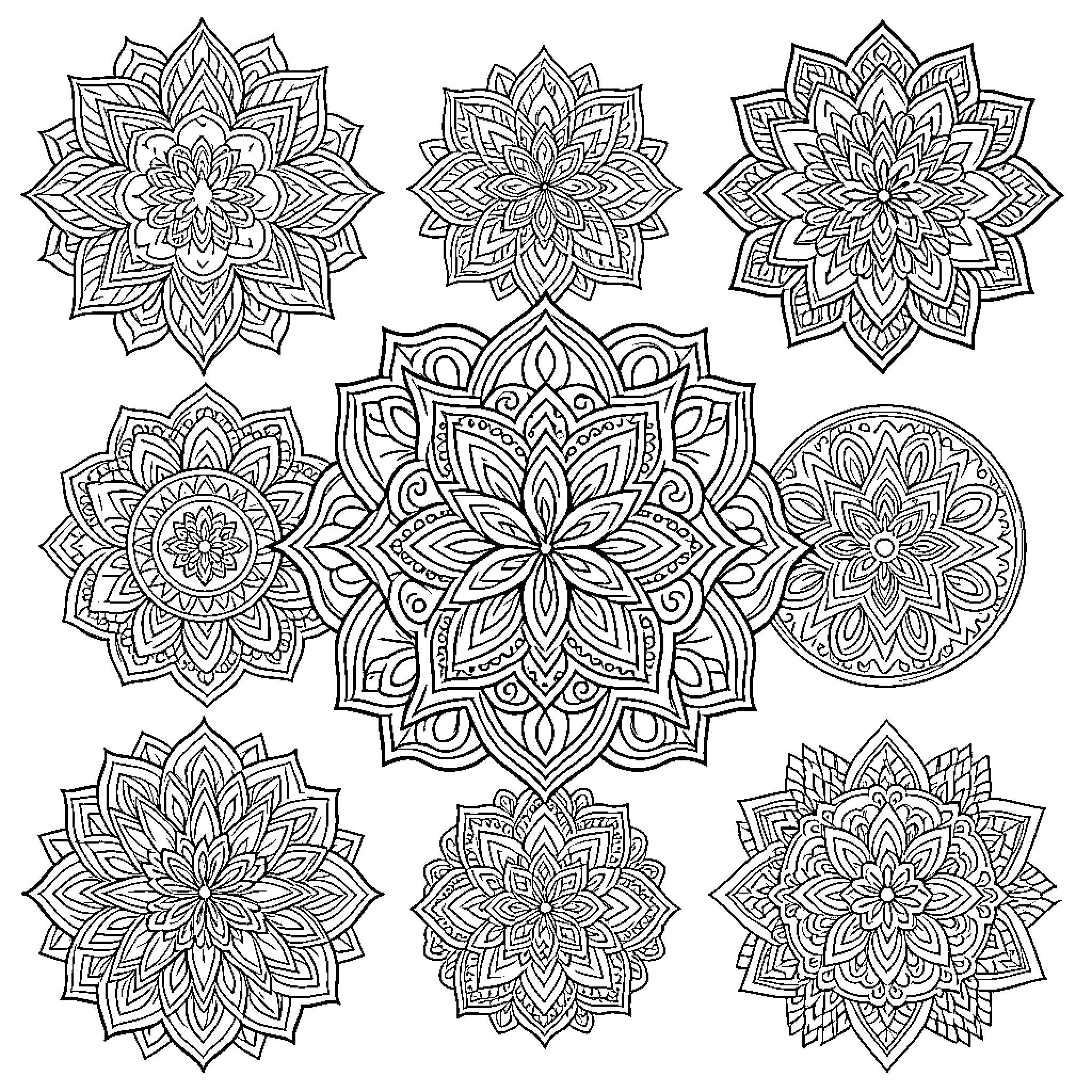Mandala patterns featuring intricate floral and geometric arrangements Coloring Page (free black-and-white line drawing printable PDF for all, from beginners to advanced learners, including children, teens, adults, and seniors)