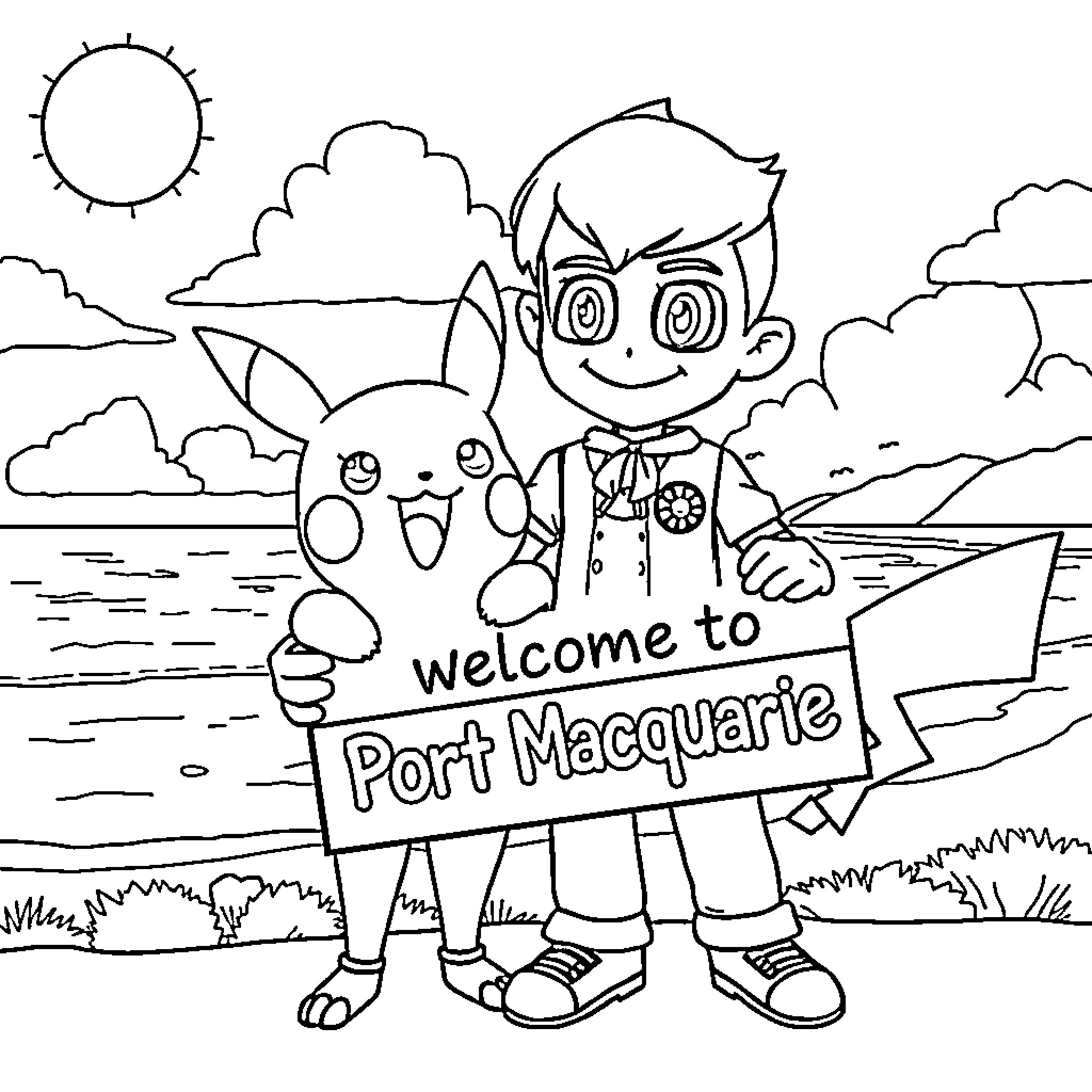 Ben 10 exploring Port Macquarie with Pikachu Coloring Page (free black-and-white line drawing printable PDF for all, from beginners to advanced learners, including children, teens, adults, and seniors)