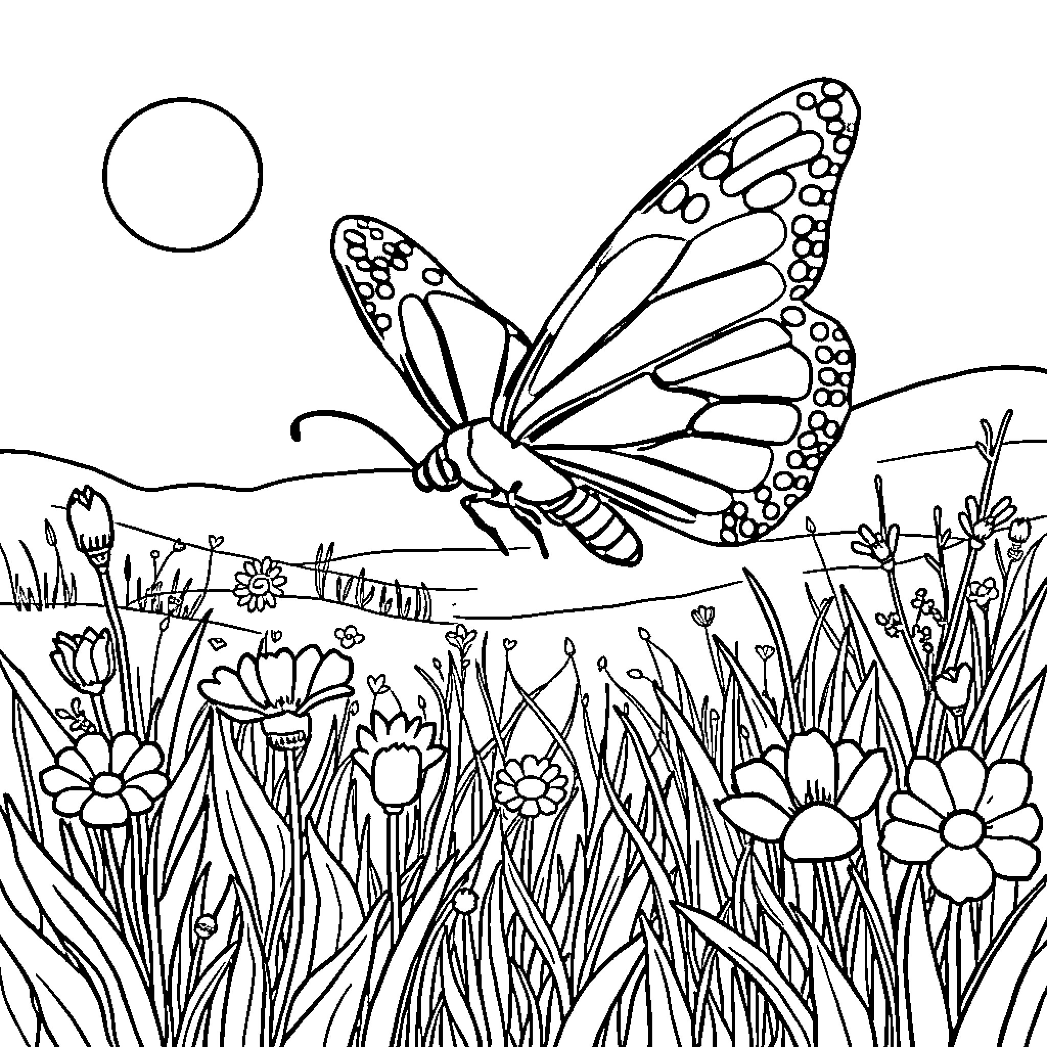 Butterfly in a Whimsical Floral Meadow Coloring Page (free black-and-white line drawing printable PDF for all, from beginners to advanced learners, including children, teens, adults, and seniors)