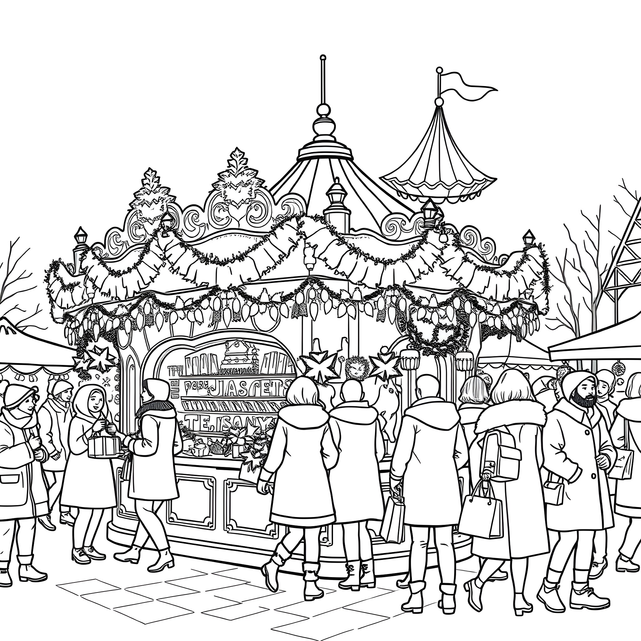 Christmas Market with Festive Decorations and Crowds Coloring Page (free black-and-white line drawing printable PDF for all, from beginners to advanced learners, including children, teens, adults, and seniors)