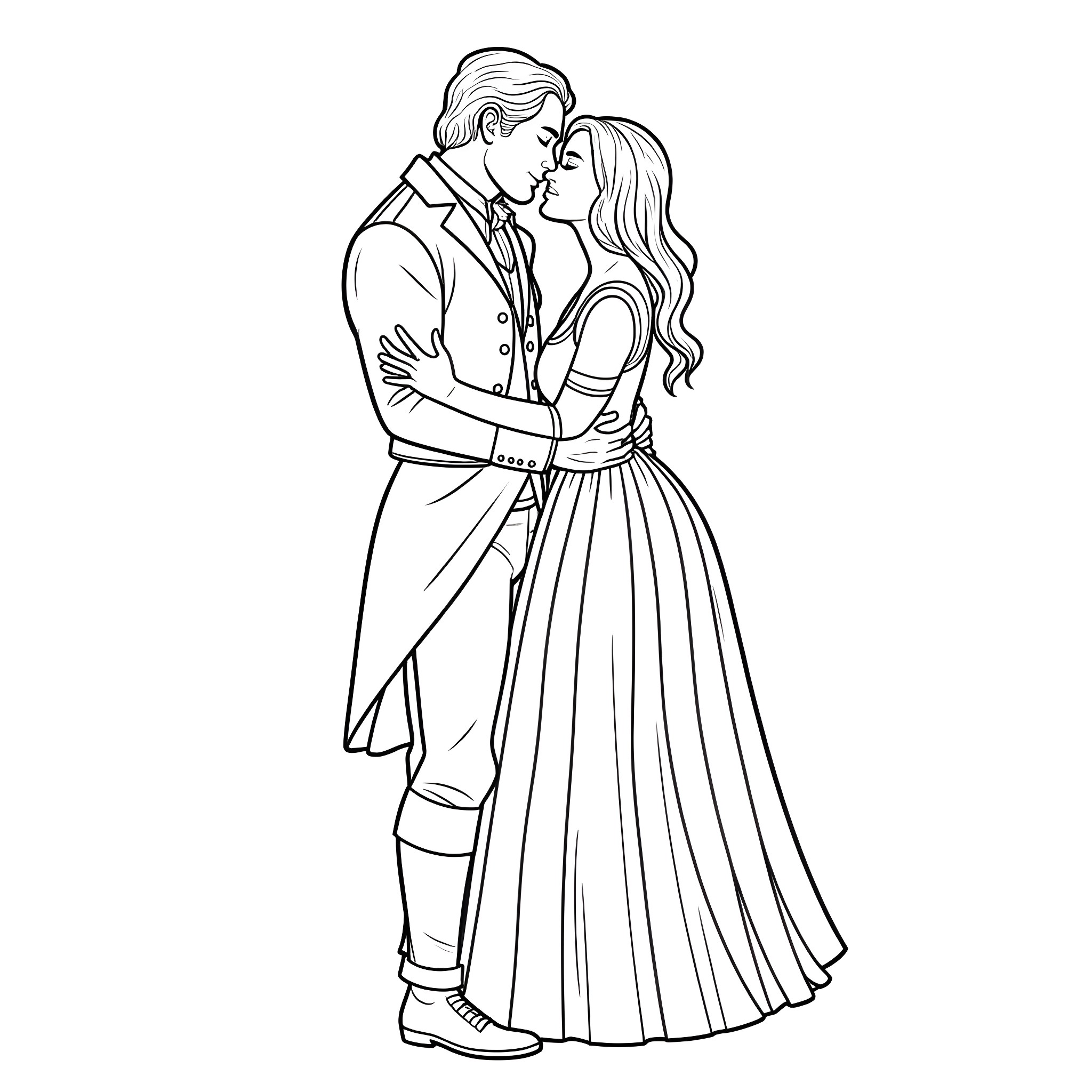 Hamilton couple in romantic embrace Coloring Page (free black-and-white line drawing printable PDF for all, from beginners to advanced learners, including children, teens, adults, and seniors)