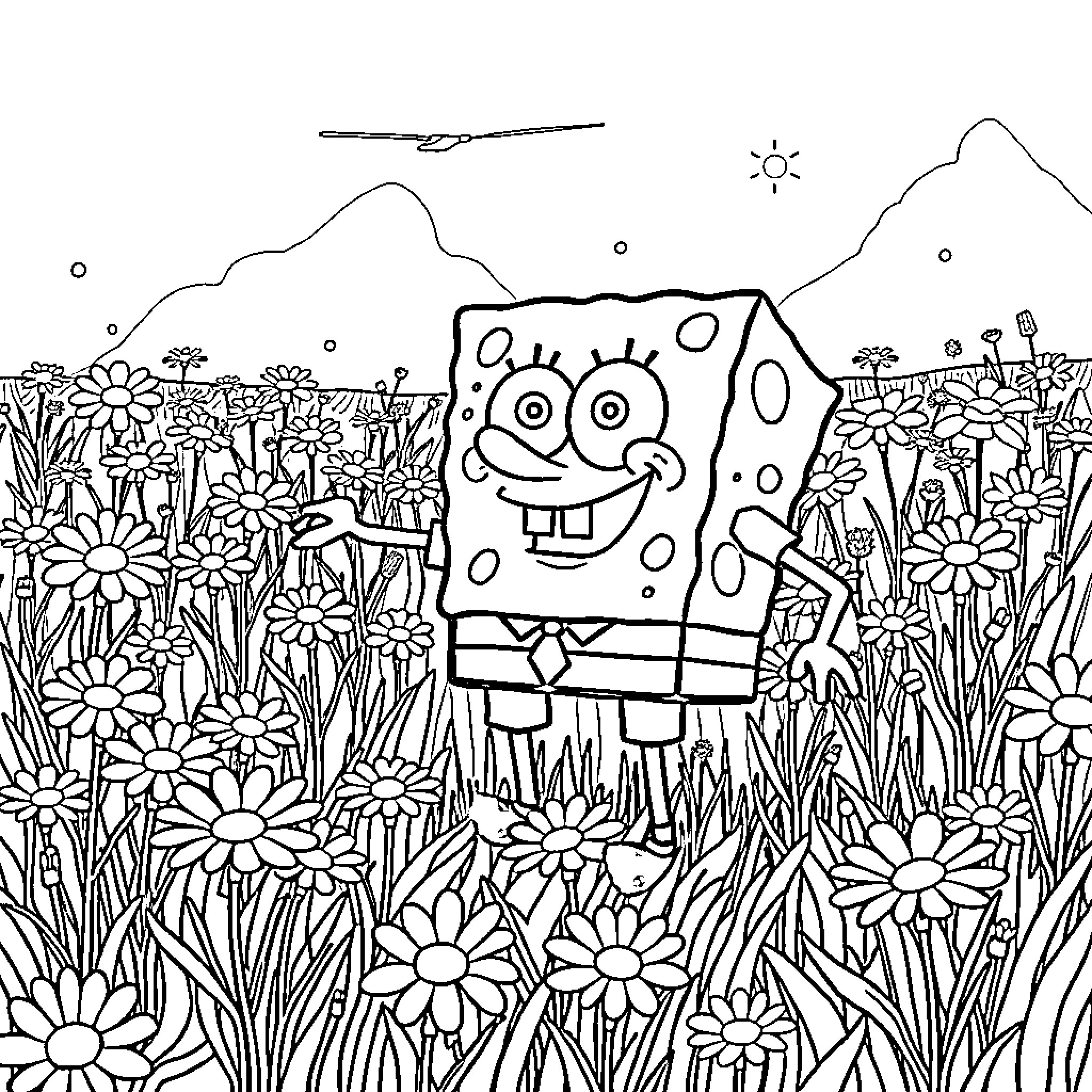 Spongebob's Joyful Flower Garden Adventure Coloring Page (free black-and-white line drawing printable PDF for all, from beginners to advanced learners, including children, teens, adults, and seniors)