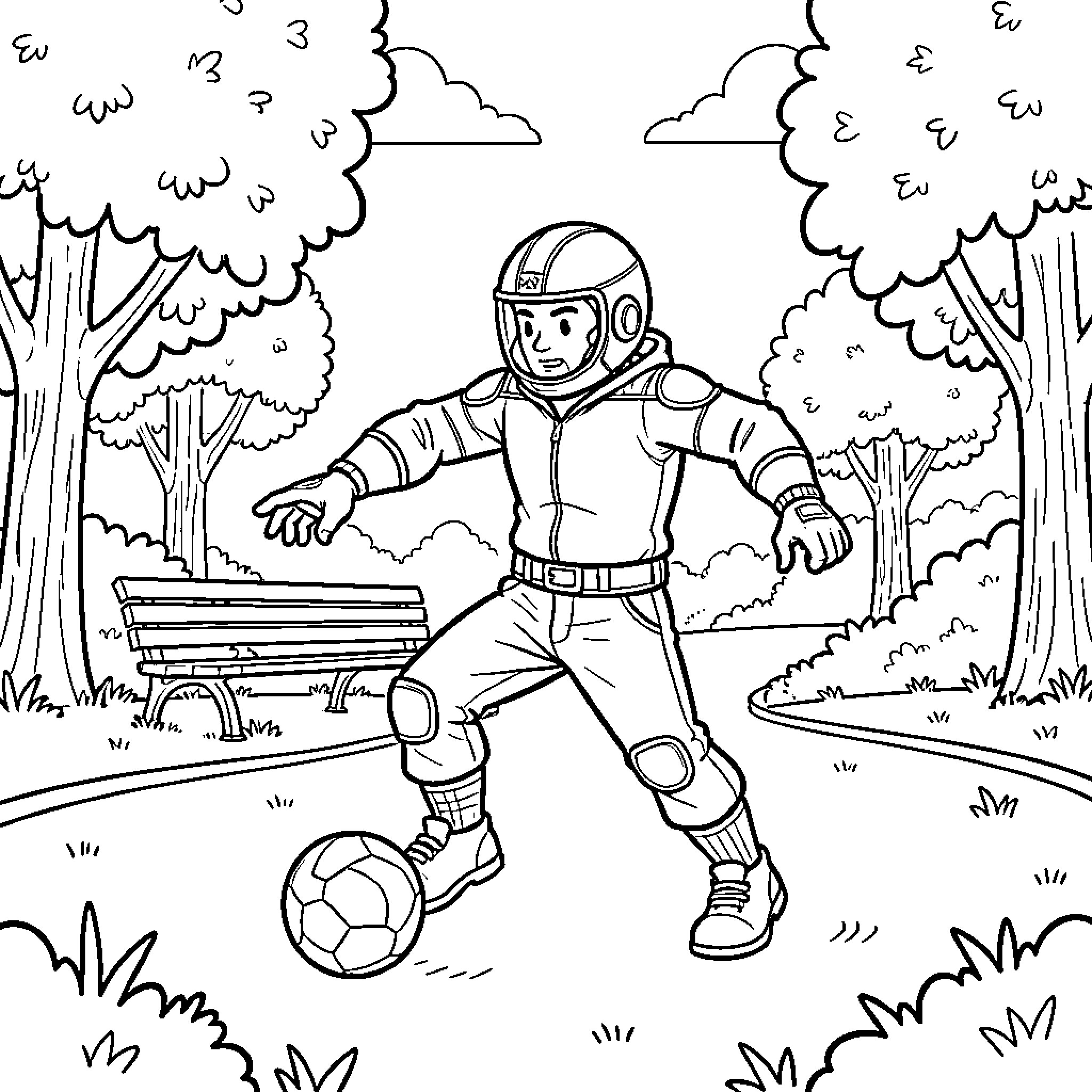 Spider-Man in an astronaut suit playing soccer in a park Coloring Page (free black-and-white line drawing printable PDF for all, from beginners to advanced learners, including children, teens, adults, and seniors)