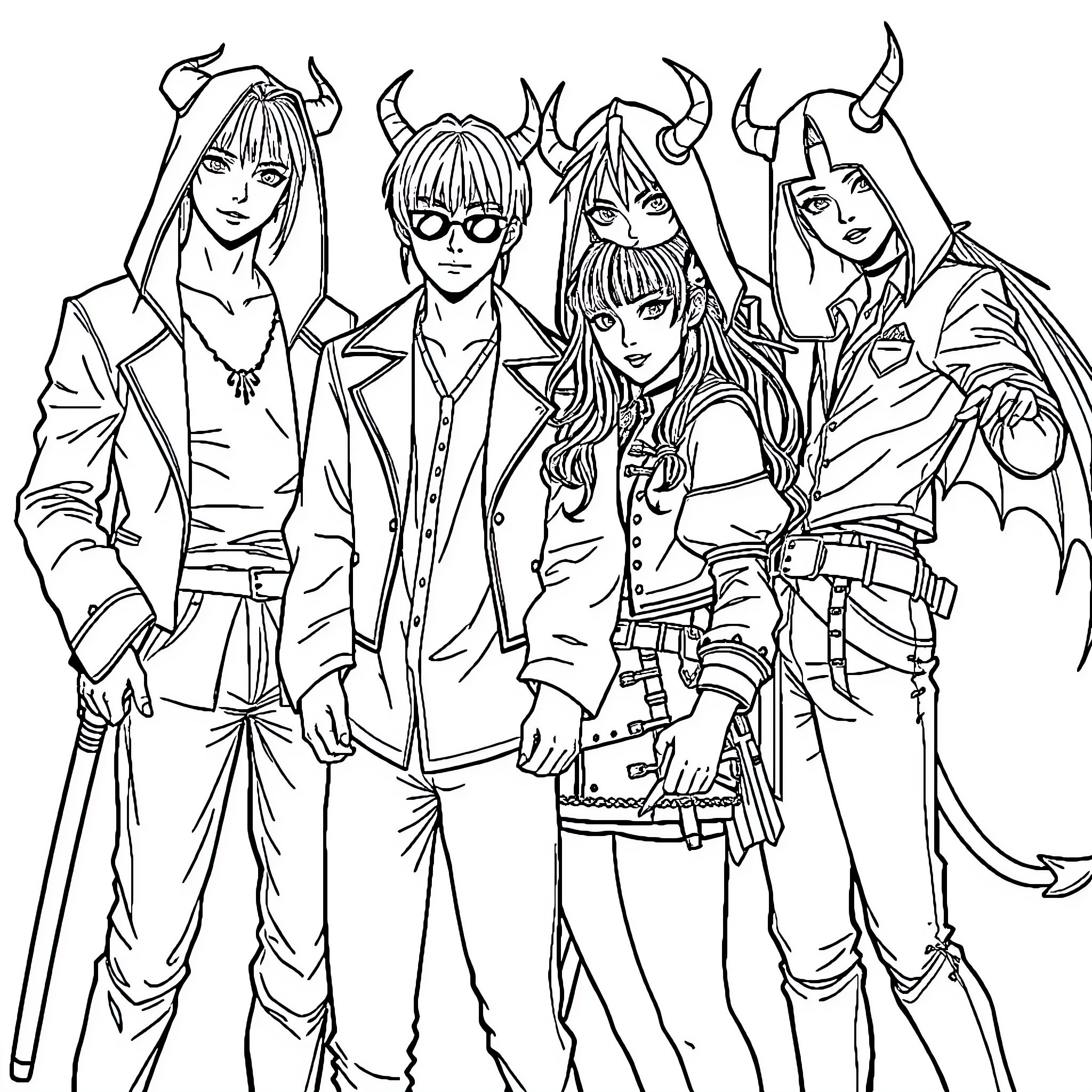 Damon and his friends in stylish outfits Coloring Page (free black-and-white line drawing printable PDF for all, from beginners to advanced learners, including children, teens, adults, and seniors)