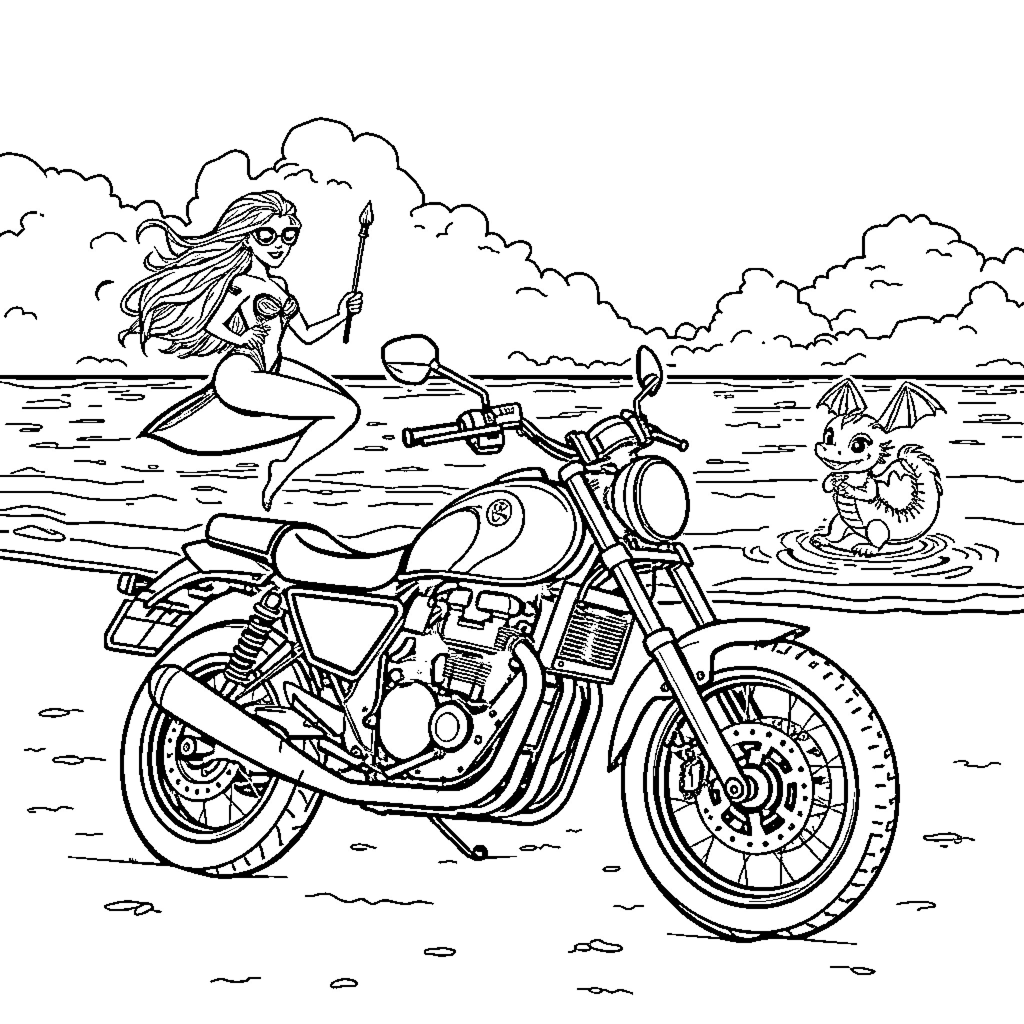 Dragon Rider Biker and Fantasy Creature in Beach Scene Coloring Page (free black-and-white line drawing printable PDF for all, from beginners to advanced learners, including children, teens, adults, and seniors)