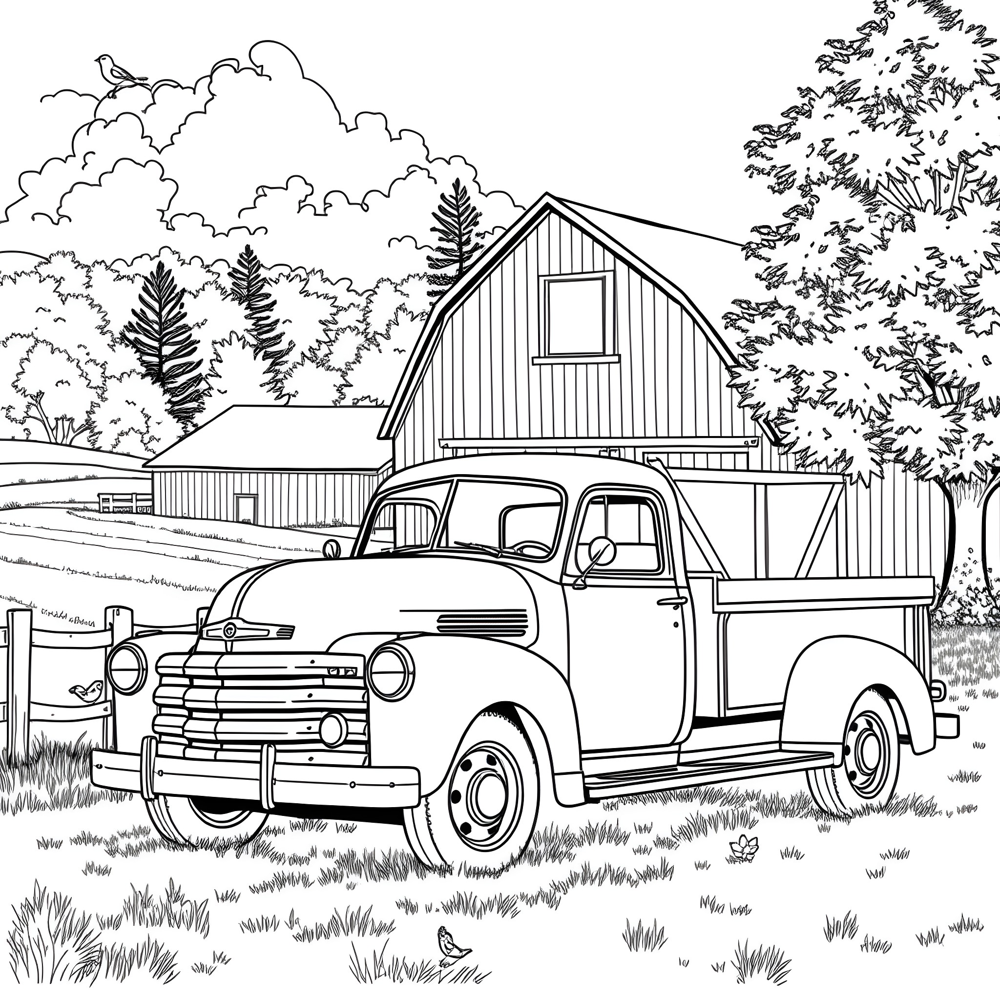 Truck in Front of a Rustic Barn with Nature Scenery Coloring Page (free black-and-white line drawing printable PDF for all, from beginners to advanced learners, including children, teens, adults, and seniors)