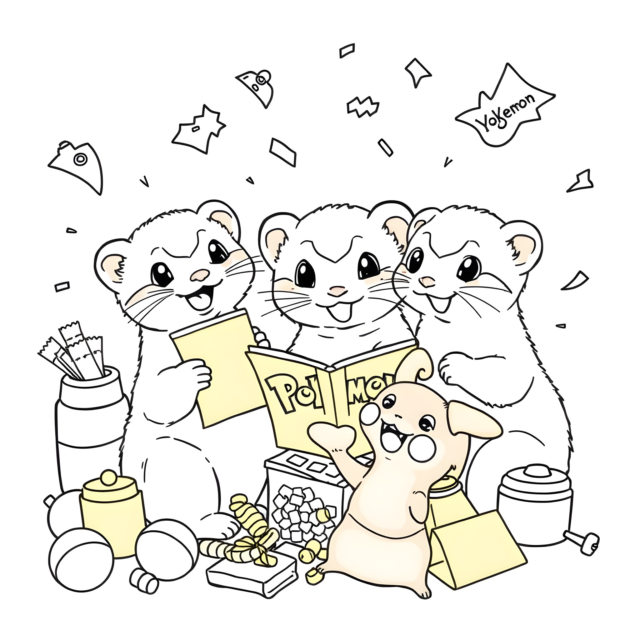 Ferret friends playing with toys and snacks Coloring Page (free black-and-white line drawing printable PDF for all, from beginners to advanced learners, including children, teens, adults, and seniors)