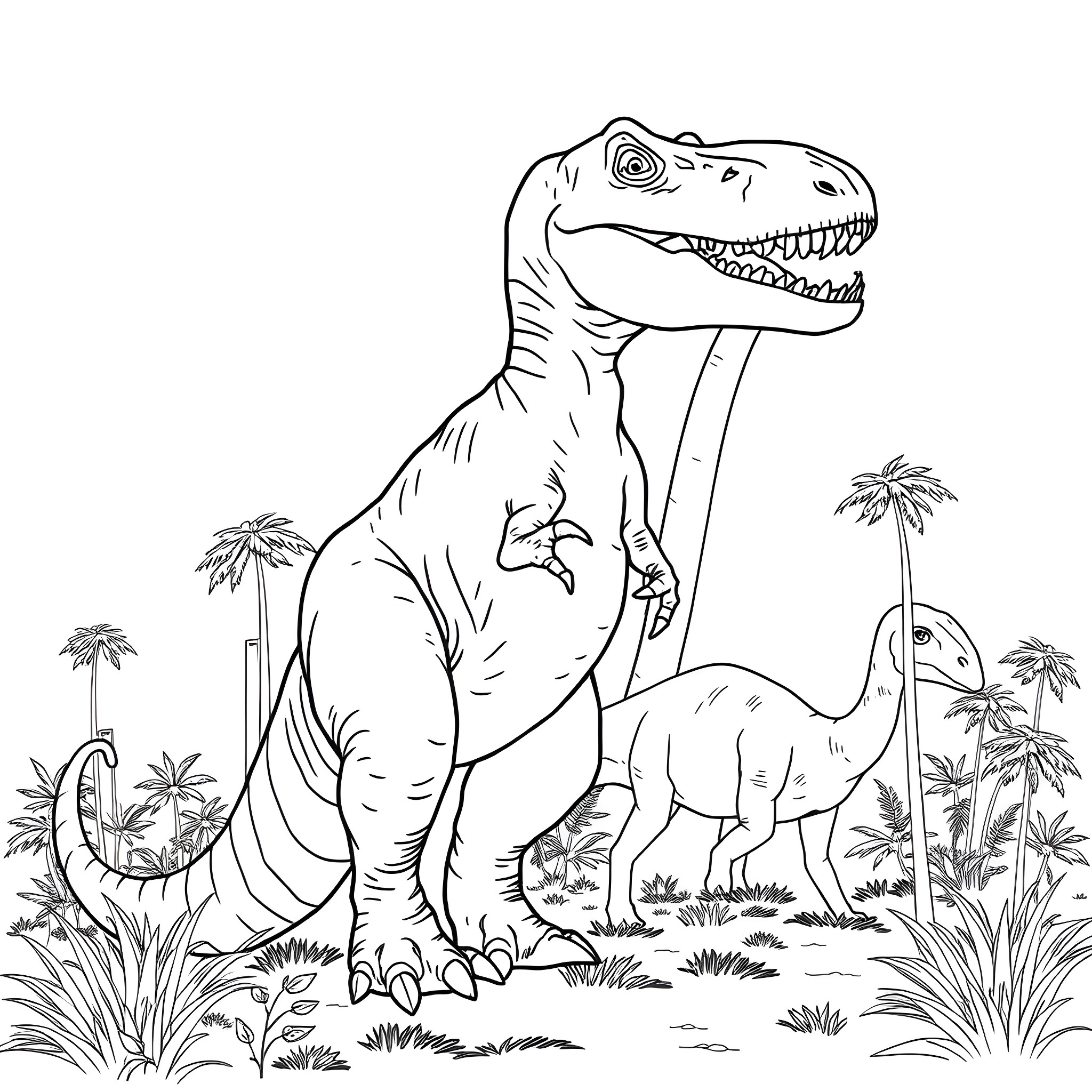 Tyrannosaurus Rex stomping through a prehistoric landscape Coloring Page (free black-and-white line drawing printable PDF for all, from beginners to advanced learners, including children, teens, adults, and seniors)