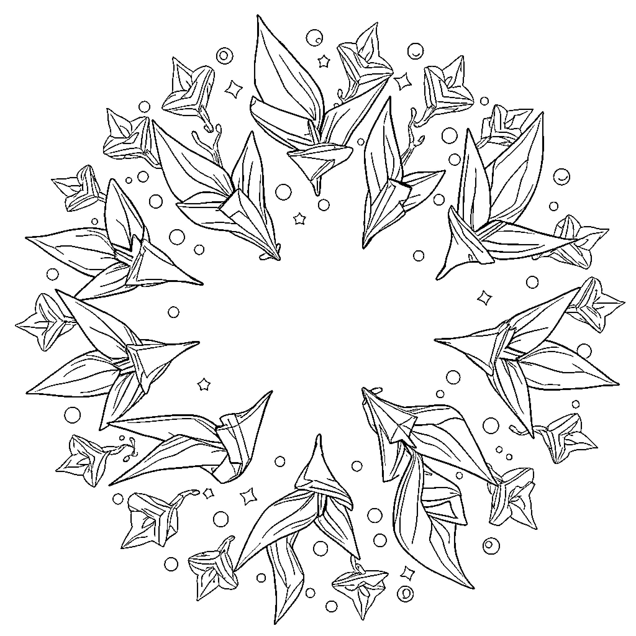 Crane-shaped origami decorations with stars Coloring Page (free black-and-white line drawing printable PDF for all, from beginners to advanced learners, including children, teens, adults, and seniors)