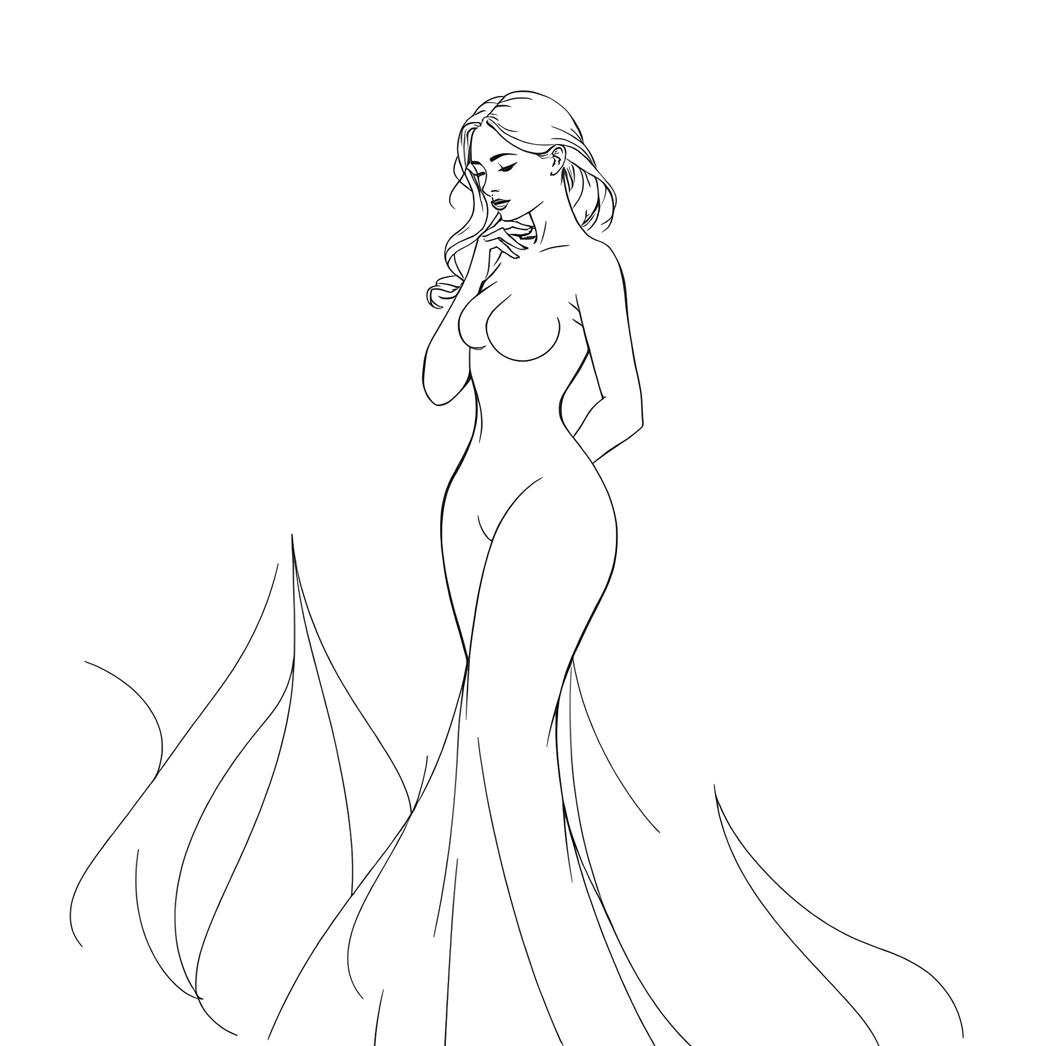 Female figure in a flowing gown Coloring Page (free black-and-white line drawing printable PDF for all, from beginners to advanced learners, including children, teens, adults, and seniors)