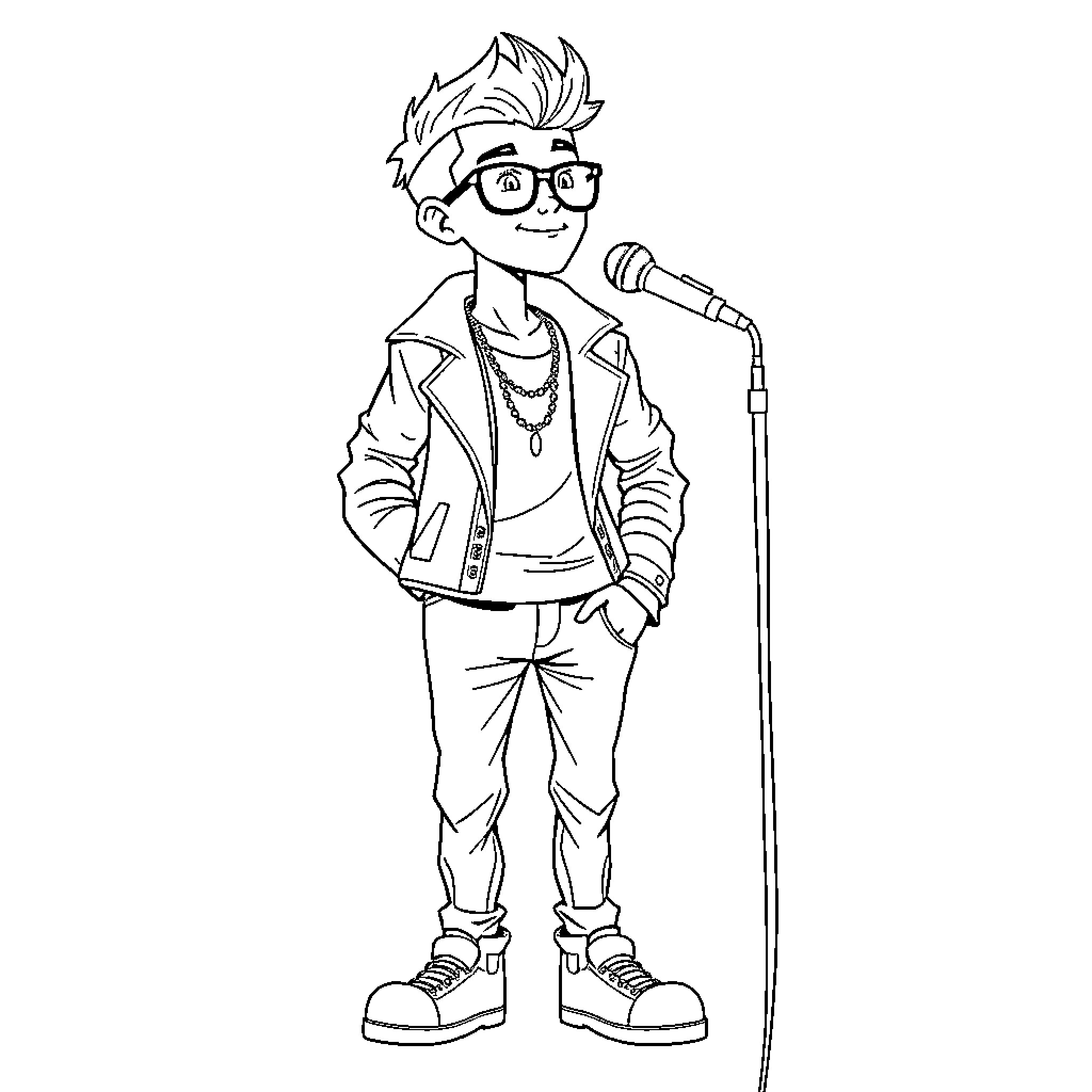 Duki performing enthusiastically on stage Coloring Page (free black-and-white line drawing printable PDF for all, from beginners to advanced learners, including children, teens, adults, and seniors)