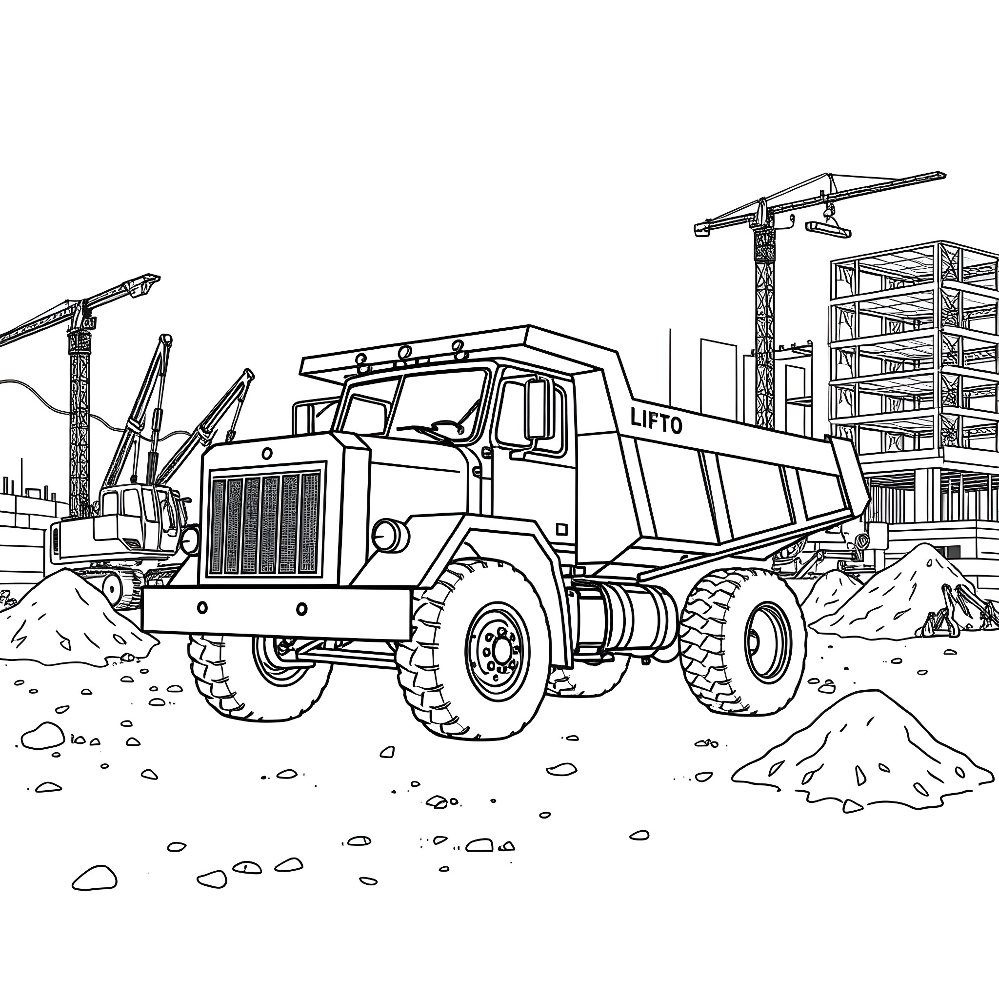 Dump Pickup Truck Transporting Cargo at Construction Site Coloring Page (free black-and-white line drawing printable PDF for all, from beginners to advanced learners, including children, teens, adults, and seniors)
