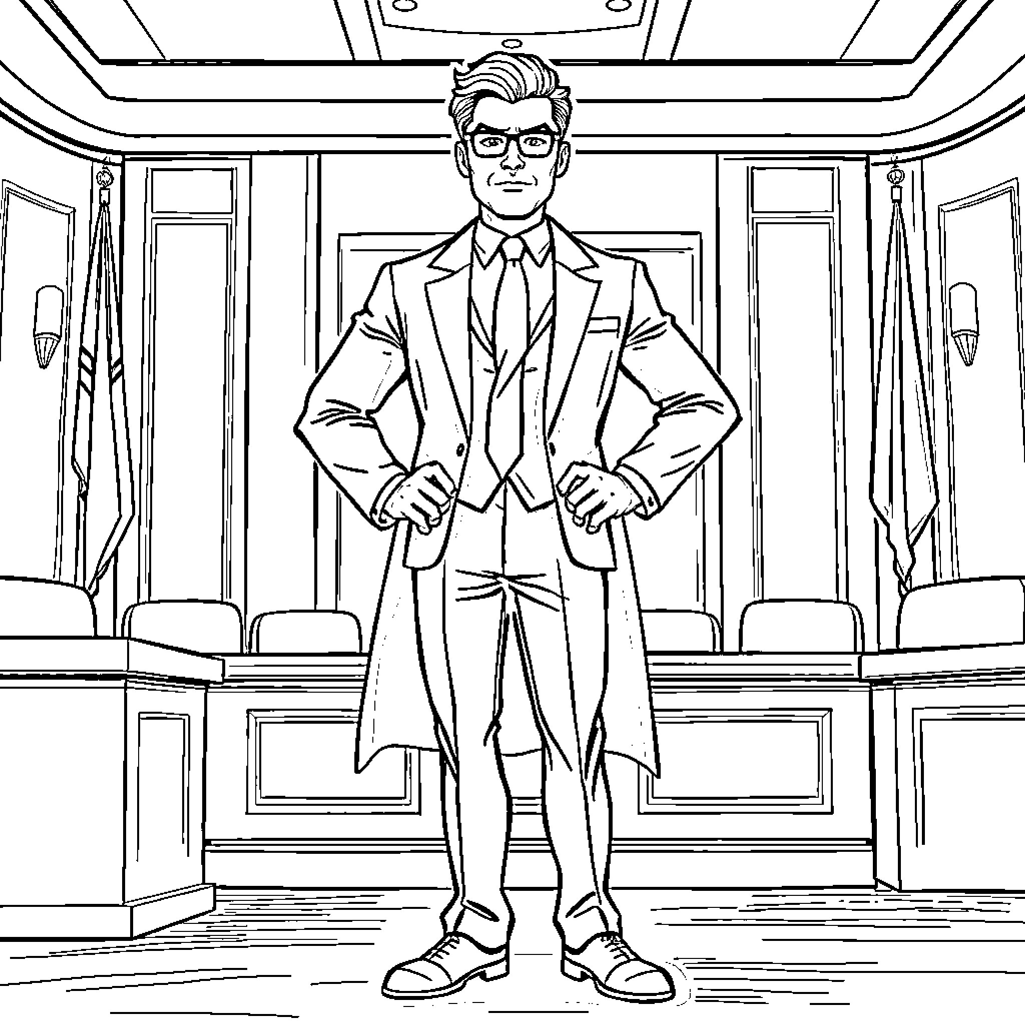 Lawyer standing confidently in the courtroom Coloring Page (free black-and-white line drawing printable PDF for all, from beginners to advanced learners, including children, teens, adults, and seniors)