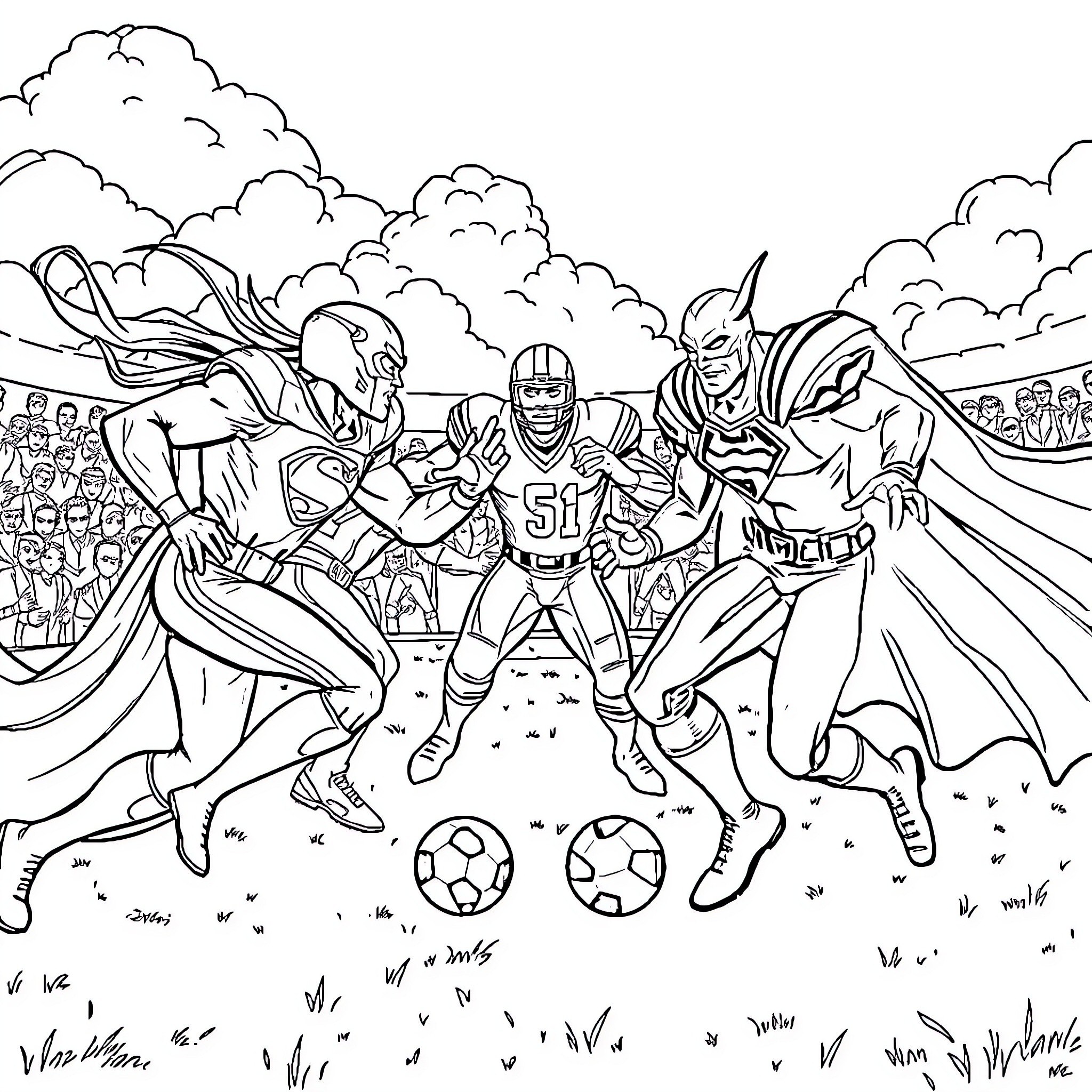 Superhero Football Players in an Epic Showdown Coloring Page (free black-and-white line drawing printable PDF for all, from beginners to advanced learners, including children, teens, adults, and seniors)