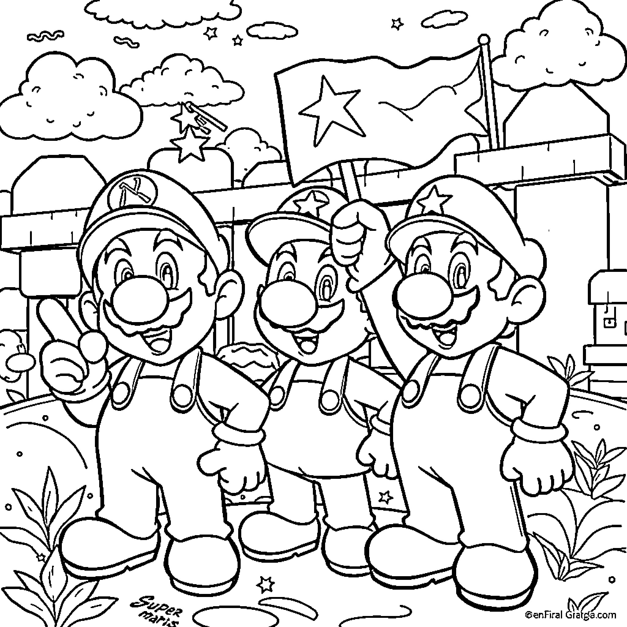 Mario Brothers Parade Performers in Action Coloring Page (free black-and-white line drawing printable PDF for all, from beginners to advanced learners, including children, teens, adults, and seniors)