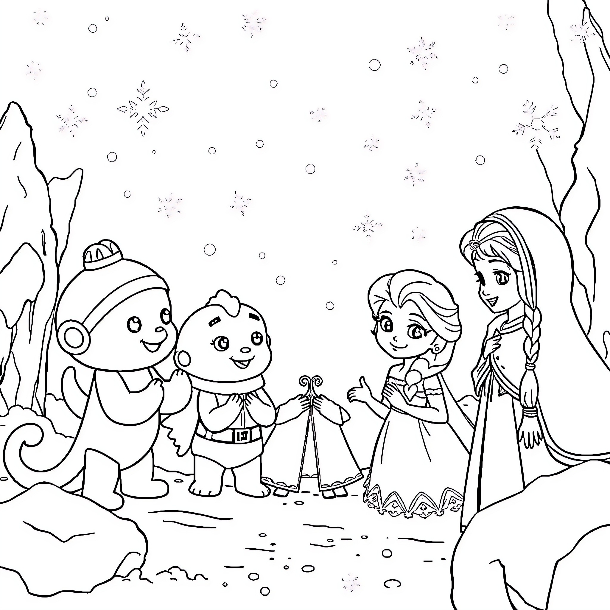 Octonauts characters exploring a snowy winter wonderland Coloring Page (free black-and-white line drawing printable PDF for all, from beginners to advanced learners, including children, teens, adults, and seniors)