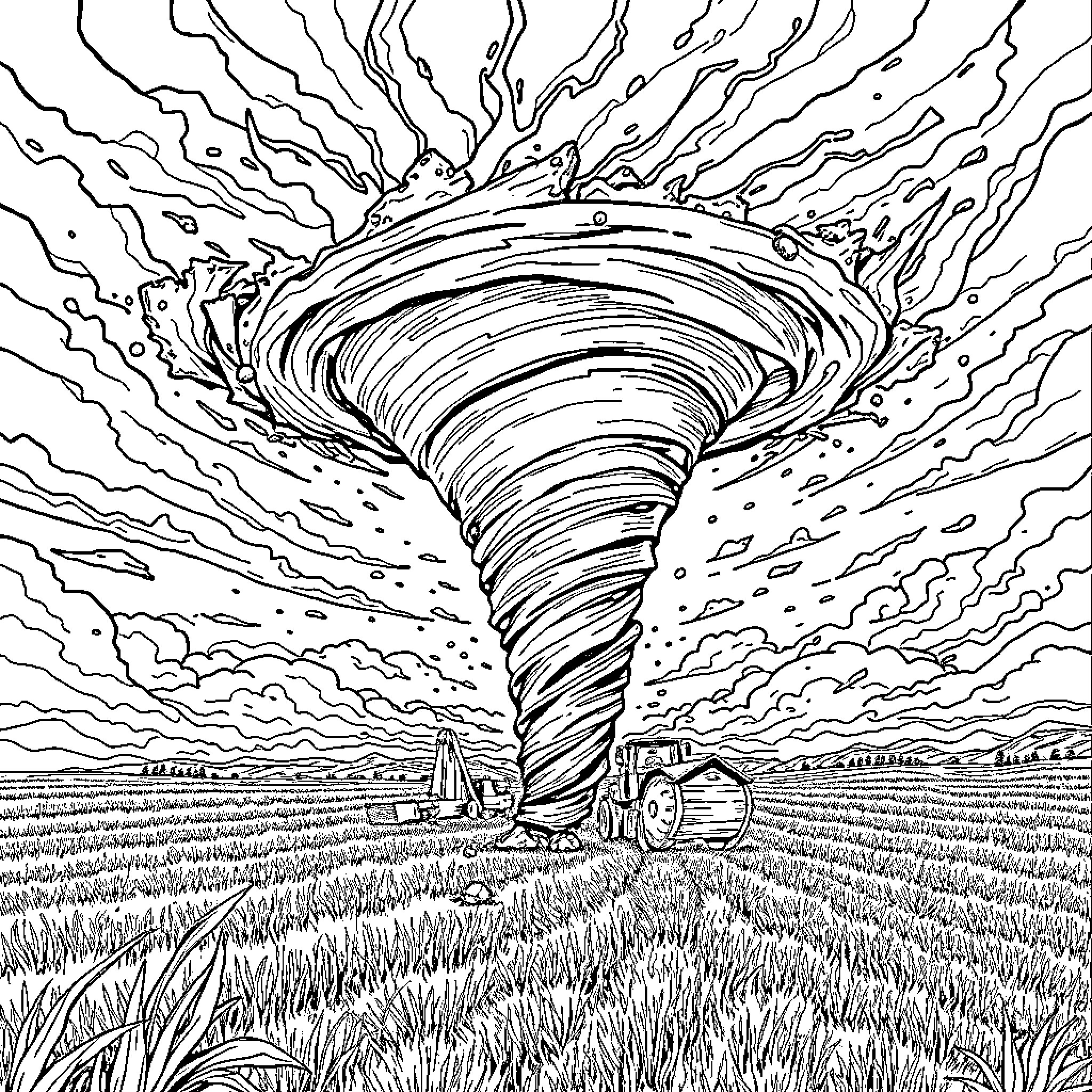 Tornado twisting through a rural landscape Coloring Page (free black-and-white line drawing printable PDF for all, from beginners to advanced learners, including children, teens, adults, and seniors)