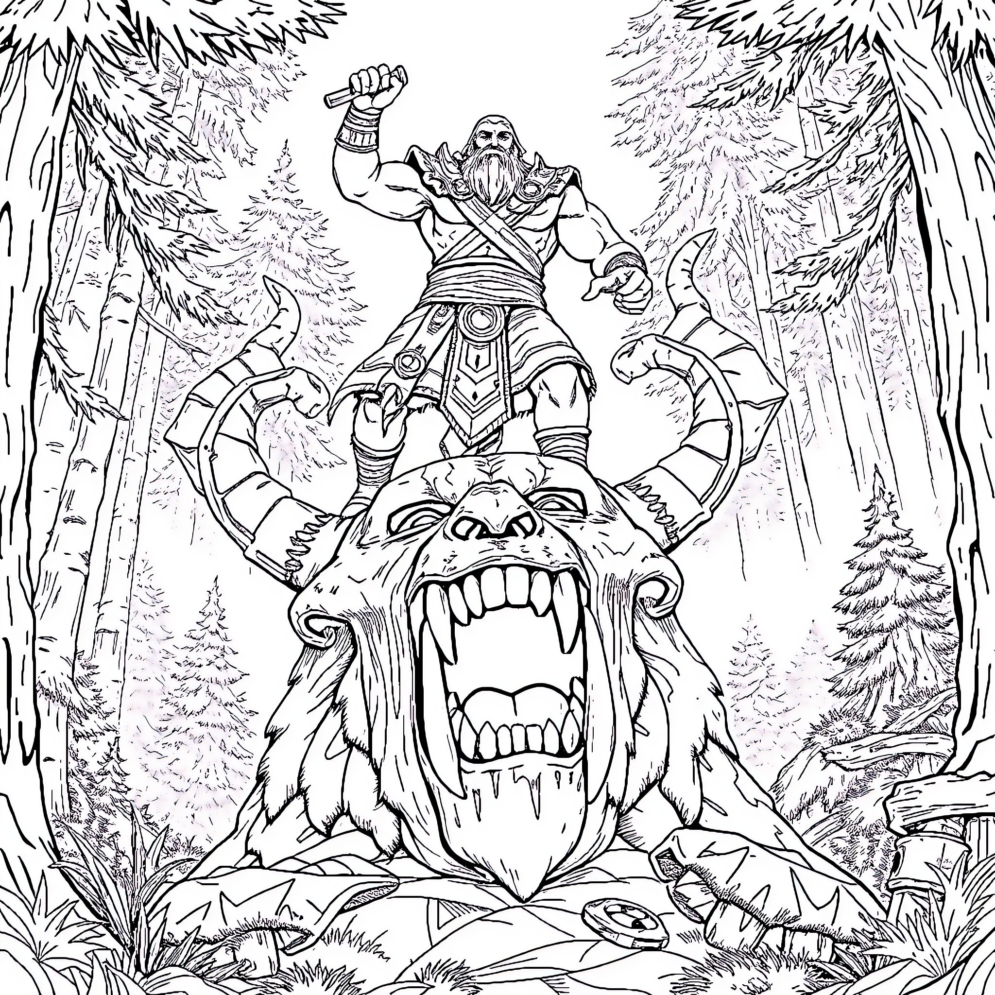 Kratos Confronting a Mighty Mythical Beast in the Wilderness Coloring Page (free black-and-white line drawing printable PDF for all, from beginners to advanced learners, including children, teens, adults, and seniors)