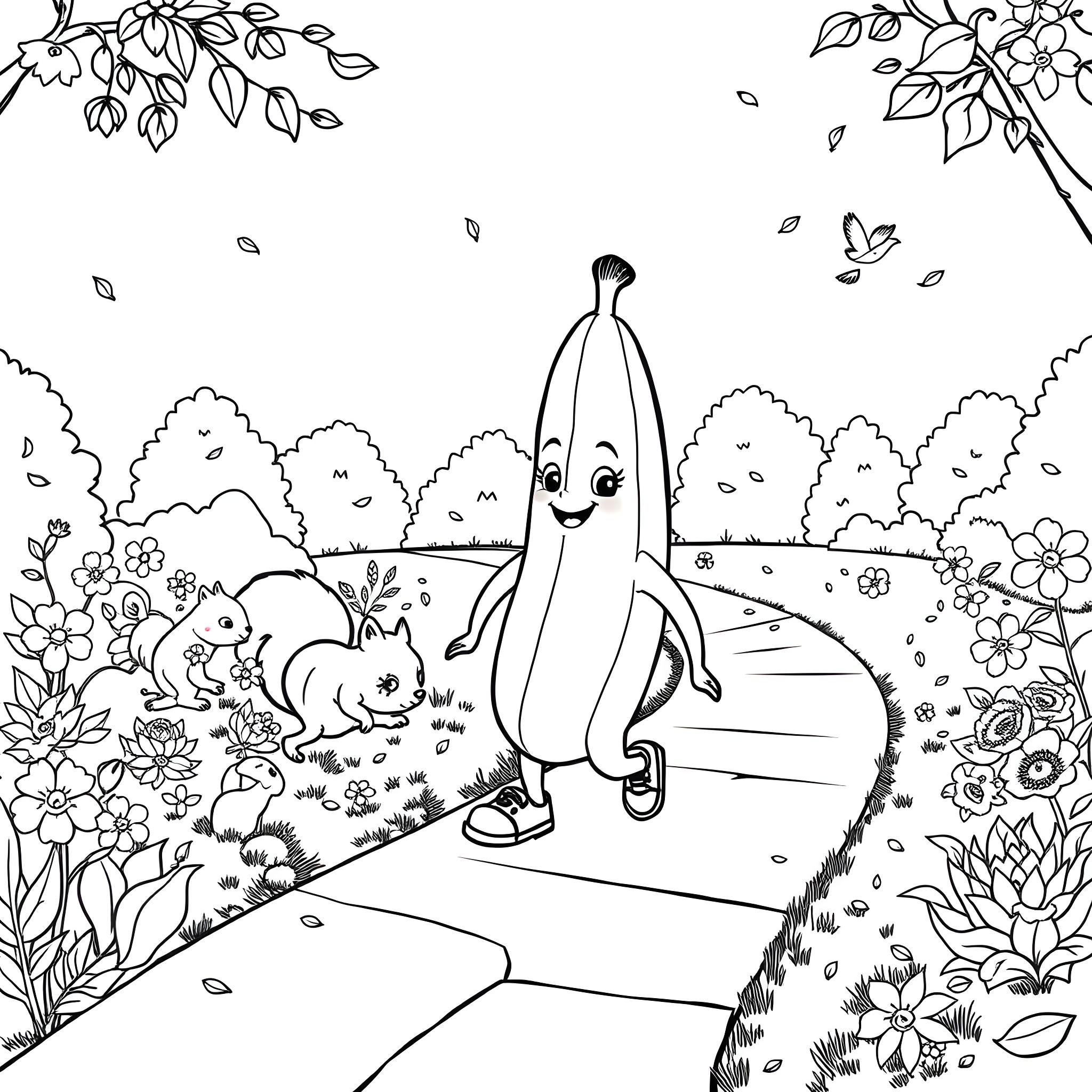 Baby Banana playing happily in a whimsical garden Coloring Page (free black-and-white line drawing printable PDF for all, from beginners to advanced learners, including children, teens, adults, and seniors)