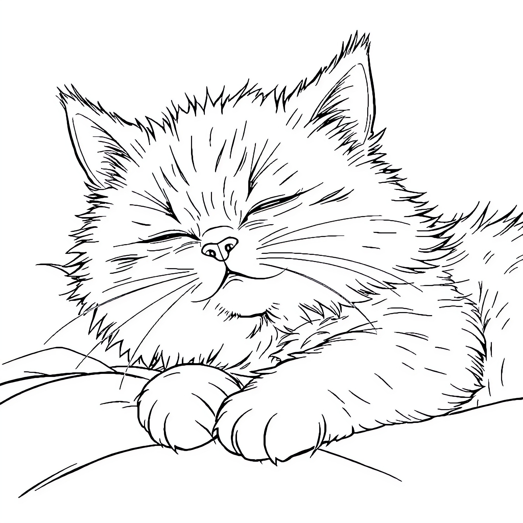 Cat resting peacefully on a surface Coloring Page (free black-and-white line drawing printable PDF for all, from beginners to advanced learners, including children, teens, adults, and seniors)