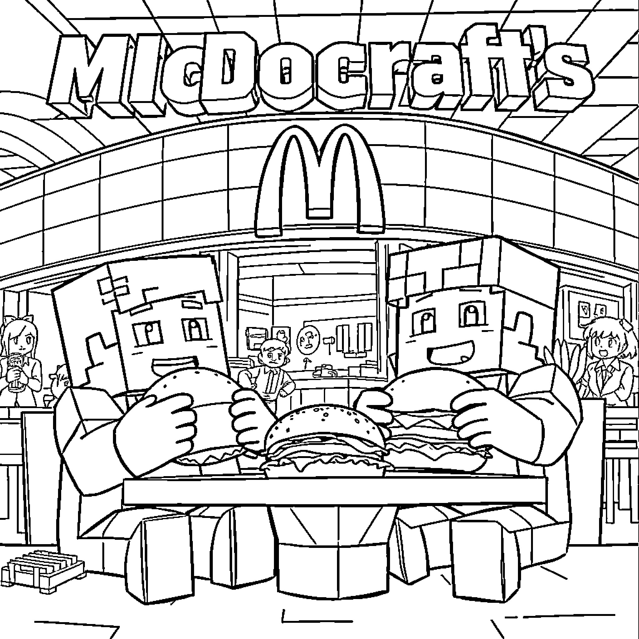 Minecraft Characters in a McDonald's Restaurant Coloring Page (free black-and-white line drawing printable PDF for all, from beginners to advanced learners, including children, teens, adults, and seniors)