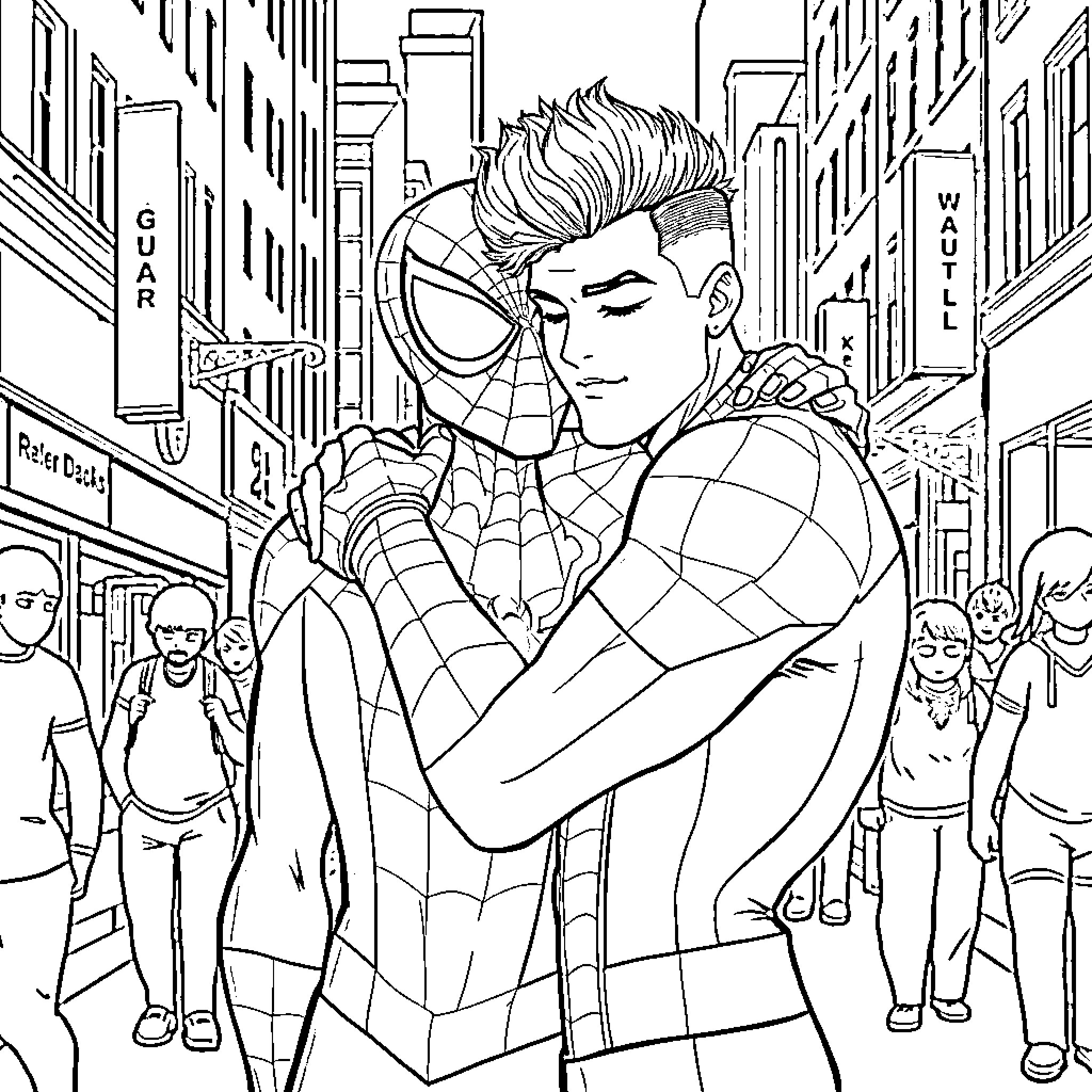 Spiderman resting in a bustling city street Coloring Page (free black-and-white line drawing printable PDF for all, from beginners to advanced learners, including children, teens, adults, and seniors)