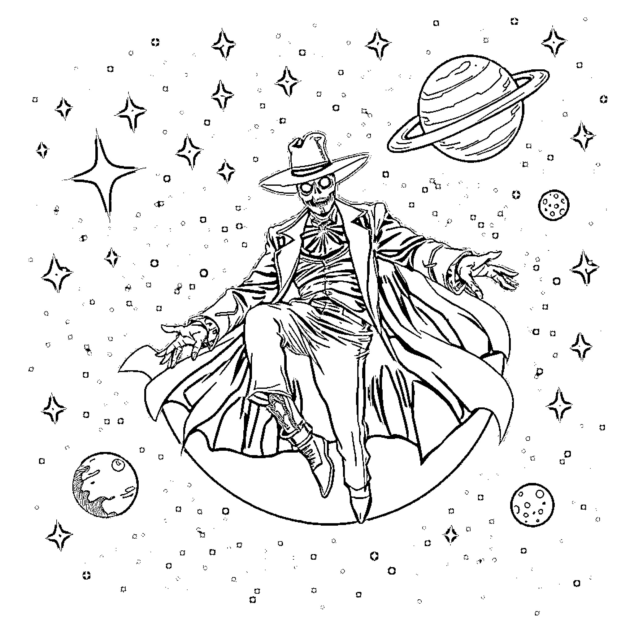 Undertaker floating in the cosmic void Coloring Page (free black-and-white line drawing printable PDF for all, from beginners to advanced learners, including children, teens, adults, and seniors)