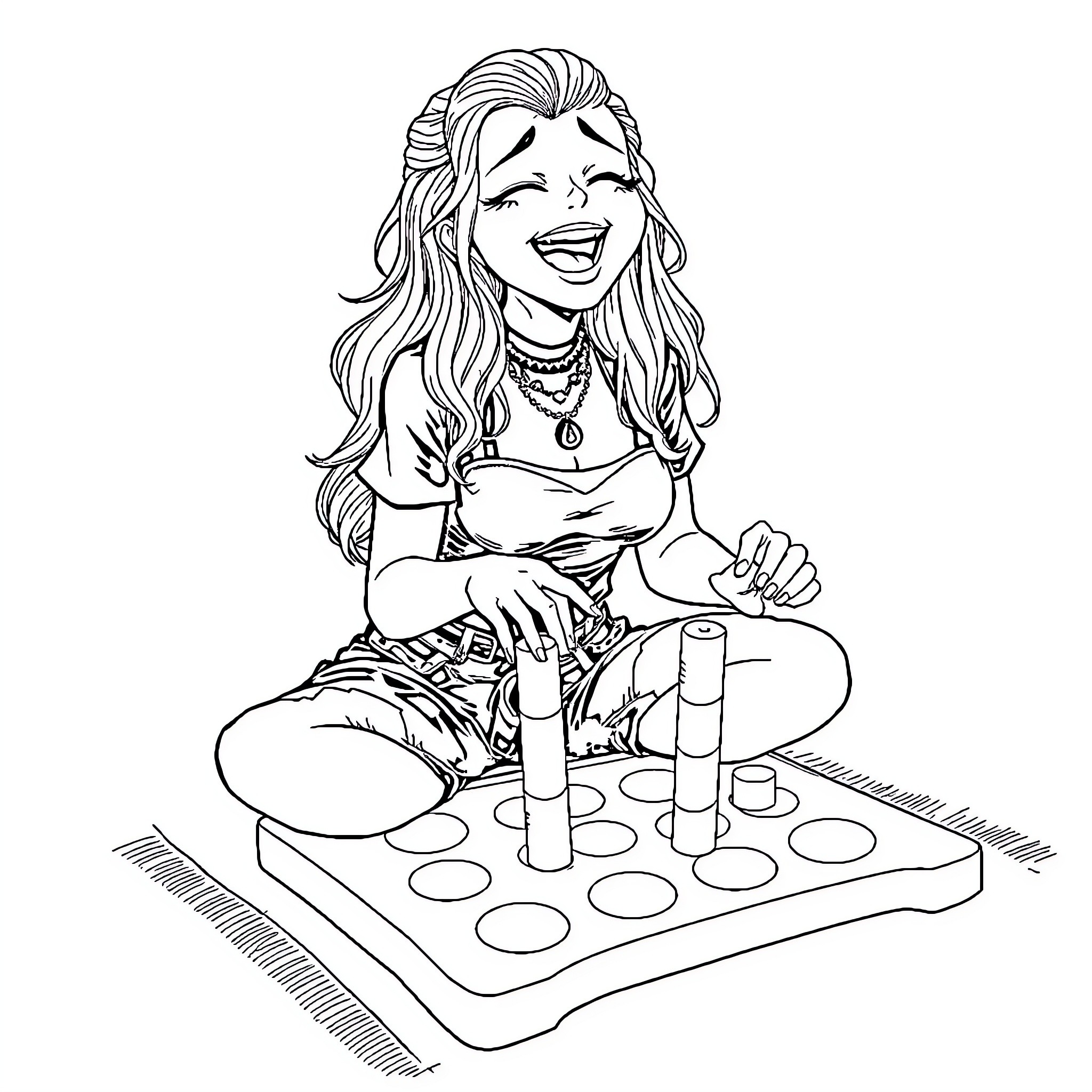 Goth Girl Playing Board Game Enthusiastically Coloring Page (free black-and-white line drawing printable PDF for all, from beginners to advanced learners, including children, teens, adults, and seniors)