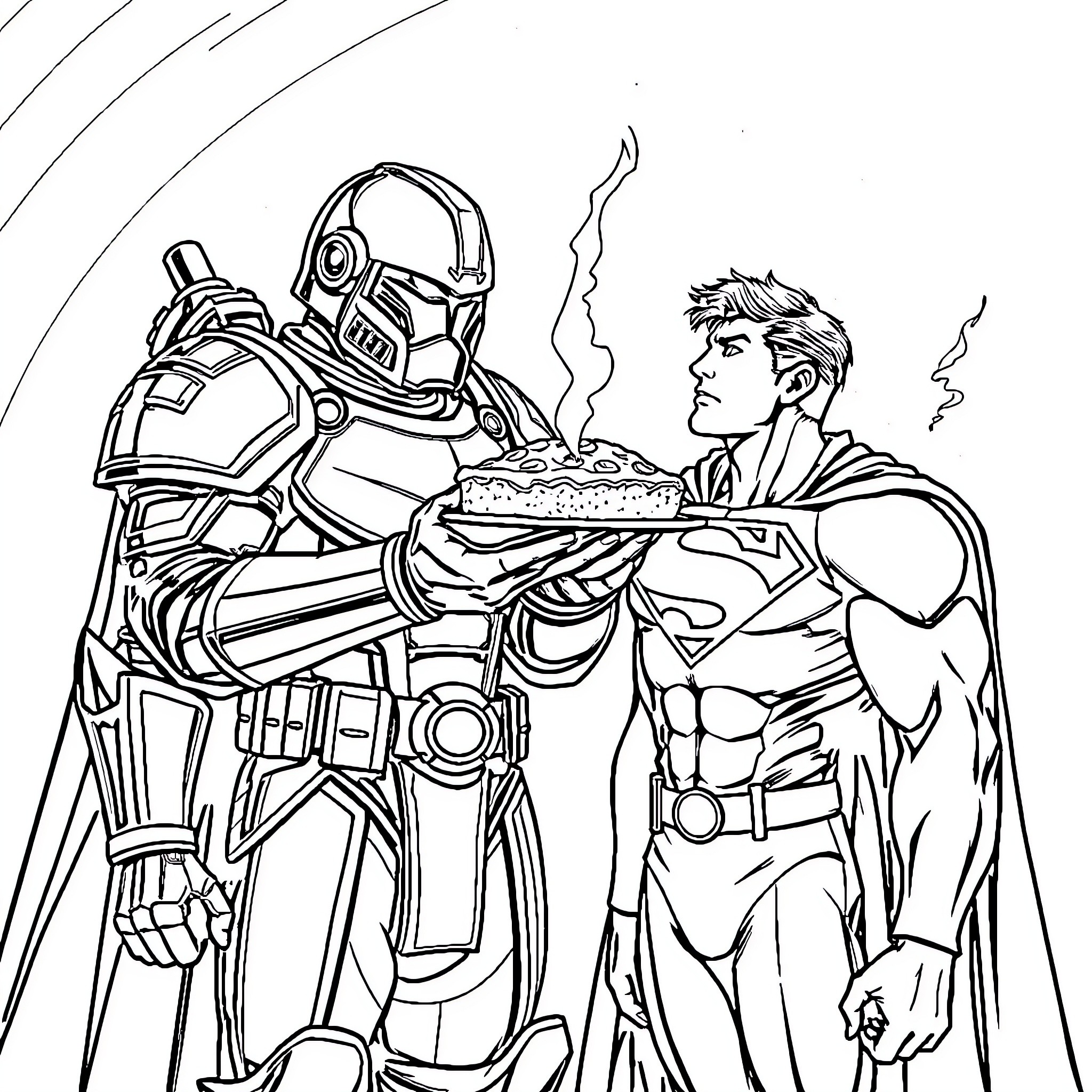 Space Marine Offers Refreshments to Armored Ally Coloring Page (free black-and-white line drawing printable PDF for all, from beginners to advanced learners, including children, teens, adults, and seniors)