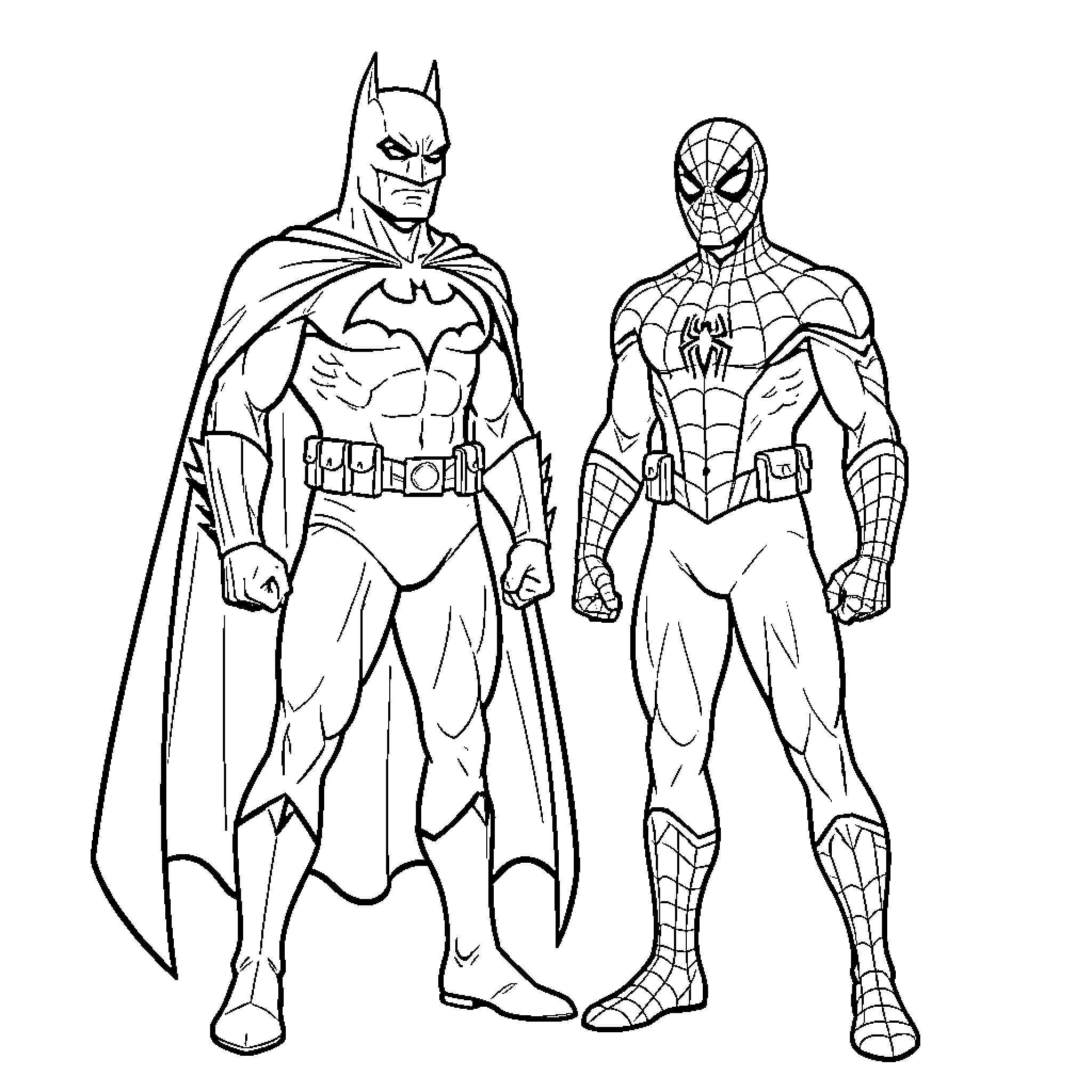 Batman and Spider-Man in action poses Coloring Page (free black-and-white line drawing printable PDF for all, from beginners to advanced learners, including children, teens, adults, and seniors)