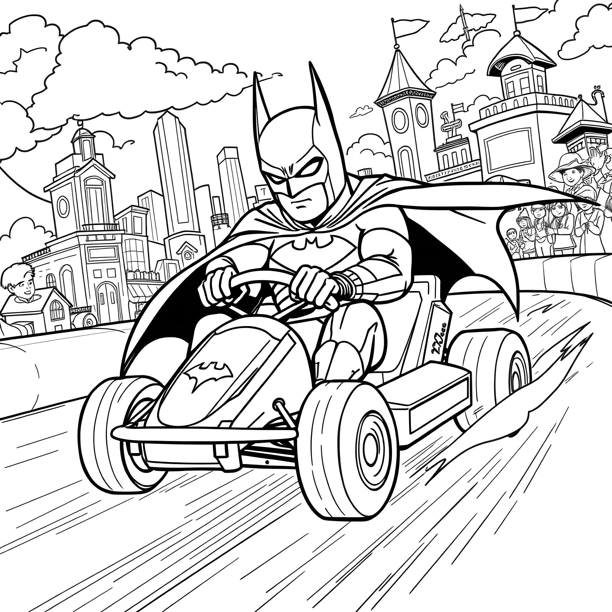 Batman racing in the Batmobile through the city Coloring Page (free black-and-white line drawing printable PDF for all, from beginners to advanced learners, including children, teens, adults, and seniors)