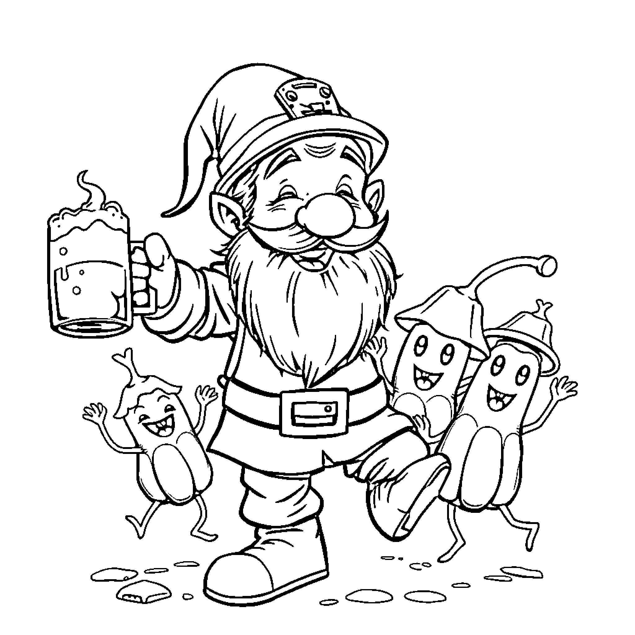 Dwarf Holding Beer Mug with Cheerful Companions Coloring Page (free black-and-white line drawing printable PDF for all, from beginners to advanced learners, including children, teens, adults, and seniors)