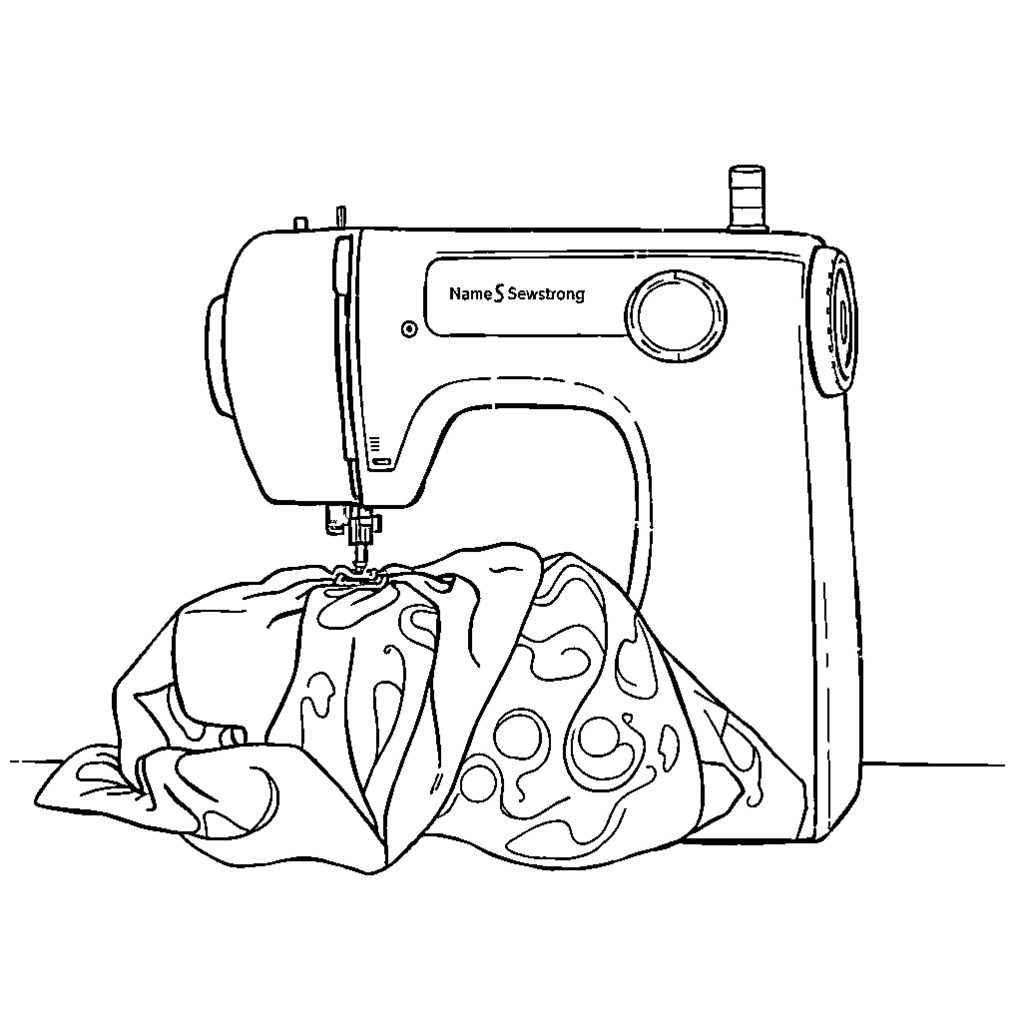 Sewing Machine with Fabric Remnants Coloring Page (free black-and-white line drawing printable PDF for all, from beginners to advanced learners, including children, teens, adults, and seniors)