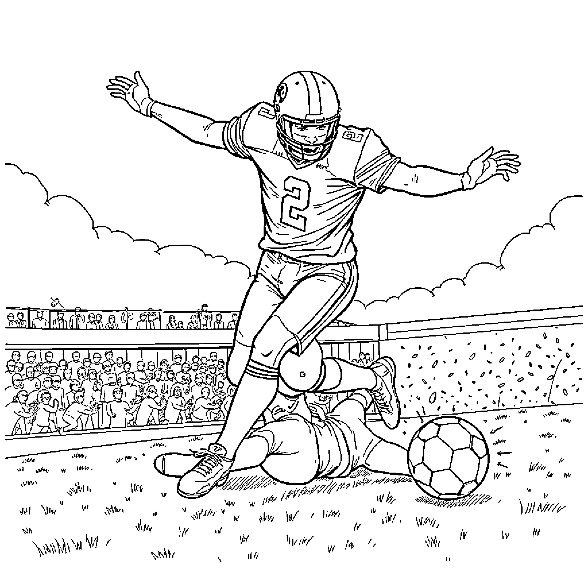 Football Player Celebrating Victory on the Field Coloring Page (free black-and-white line drawing printable PDF for all, from beginners to advanced learners, including children, teens, adults, and seniors)