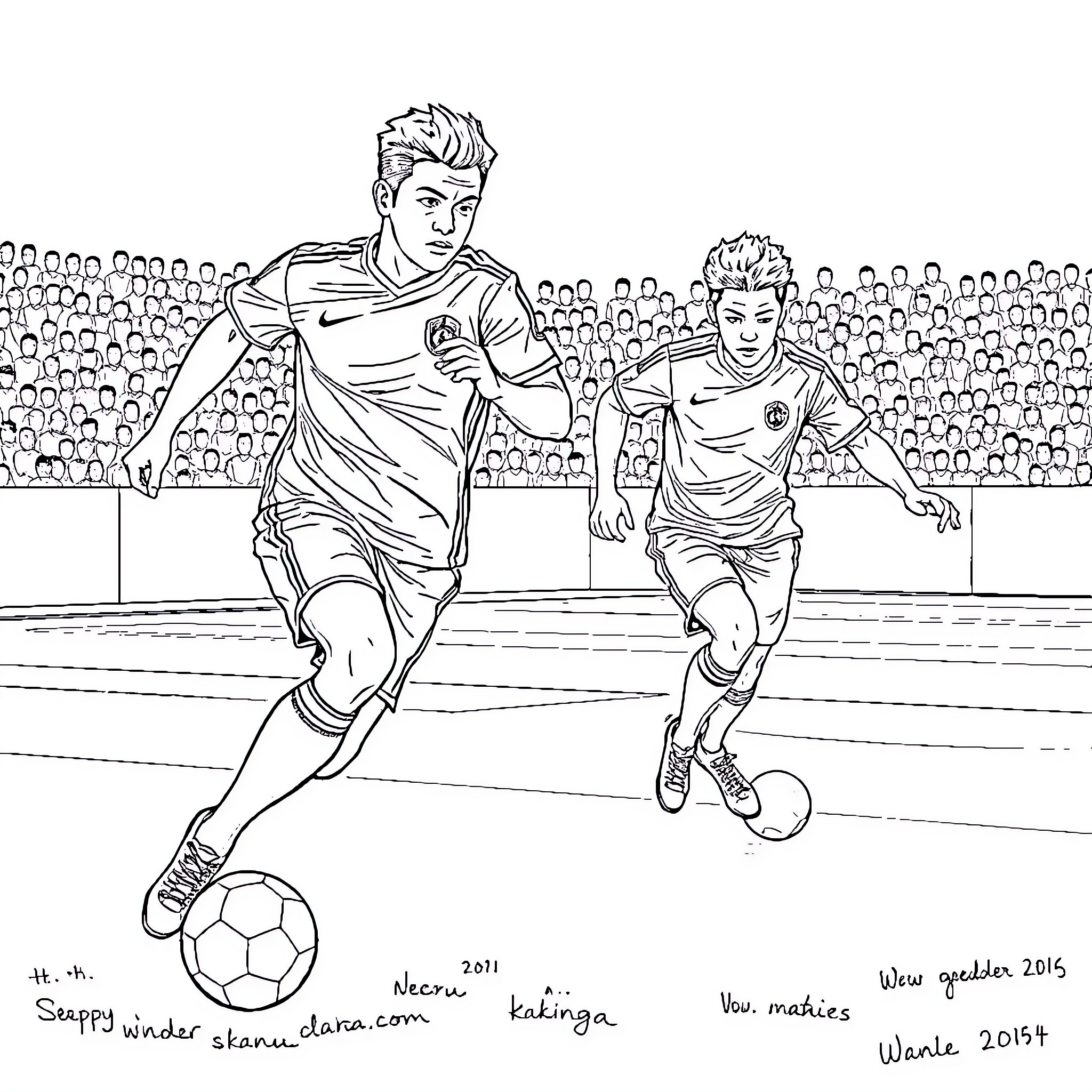 Football Players in Action on the Field Coloring Page (free black-and-white line drawing printable PDF for all, from beginners to advanced learners, including children, teens, adults, and seniors)