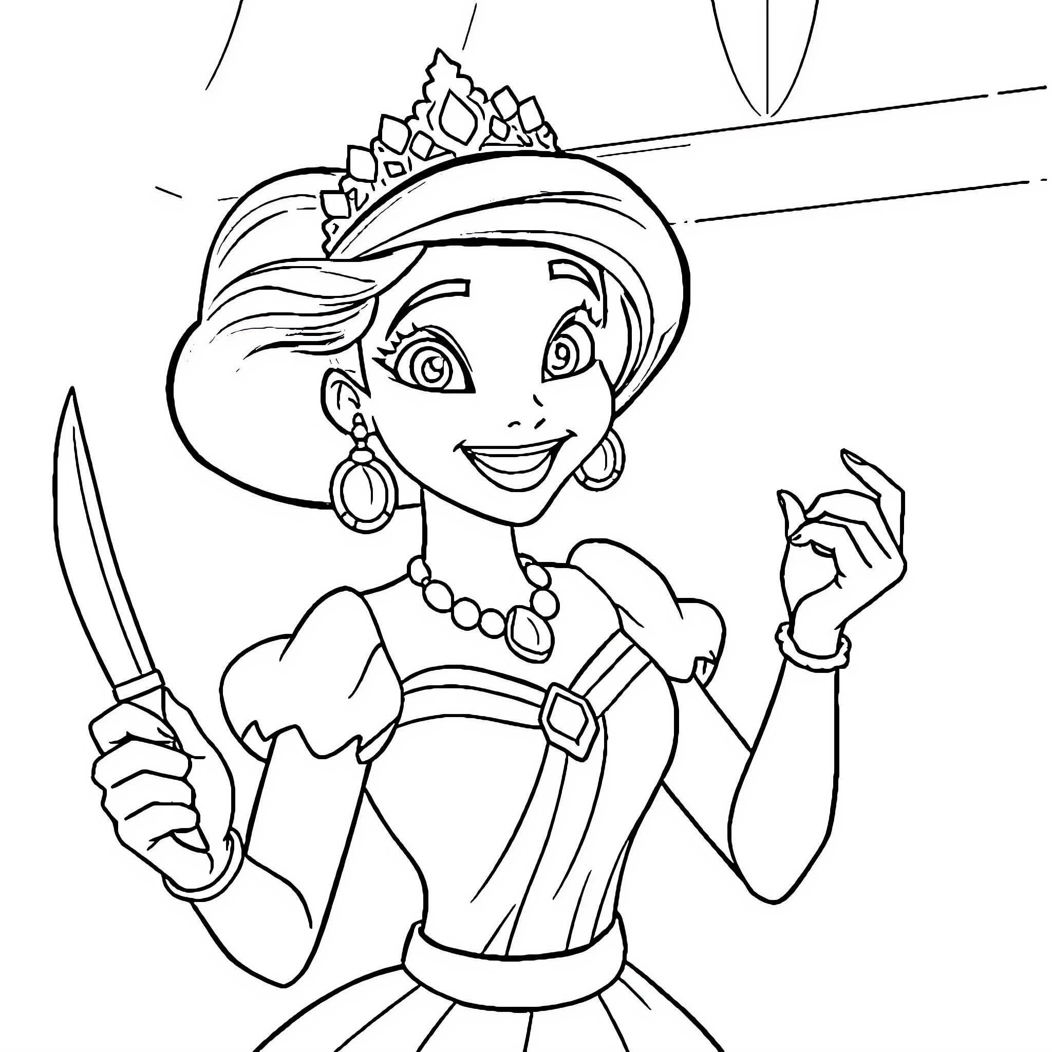 Princess Tiana's Adventure with a Sword Coloring Page (free black-and-white line drawing printable PDF for all, from beginners to advanced learners, including children, teens, adults, and seniors)