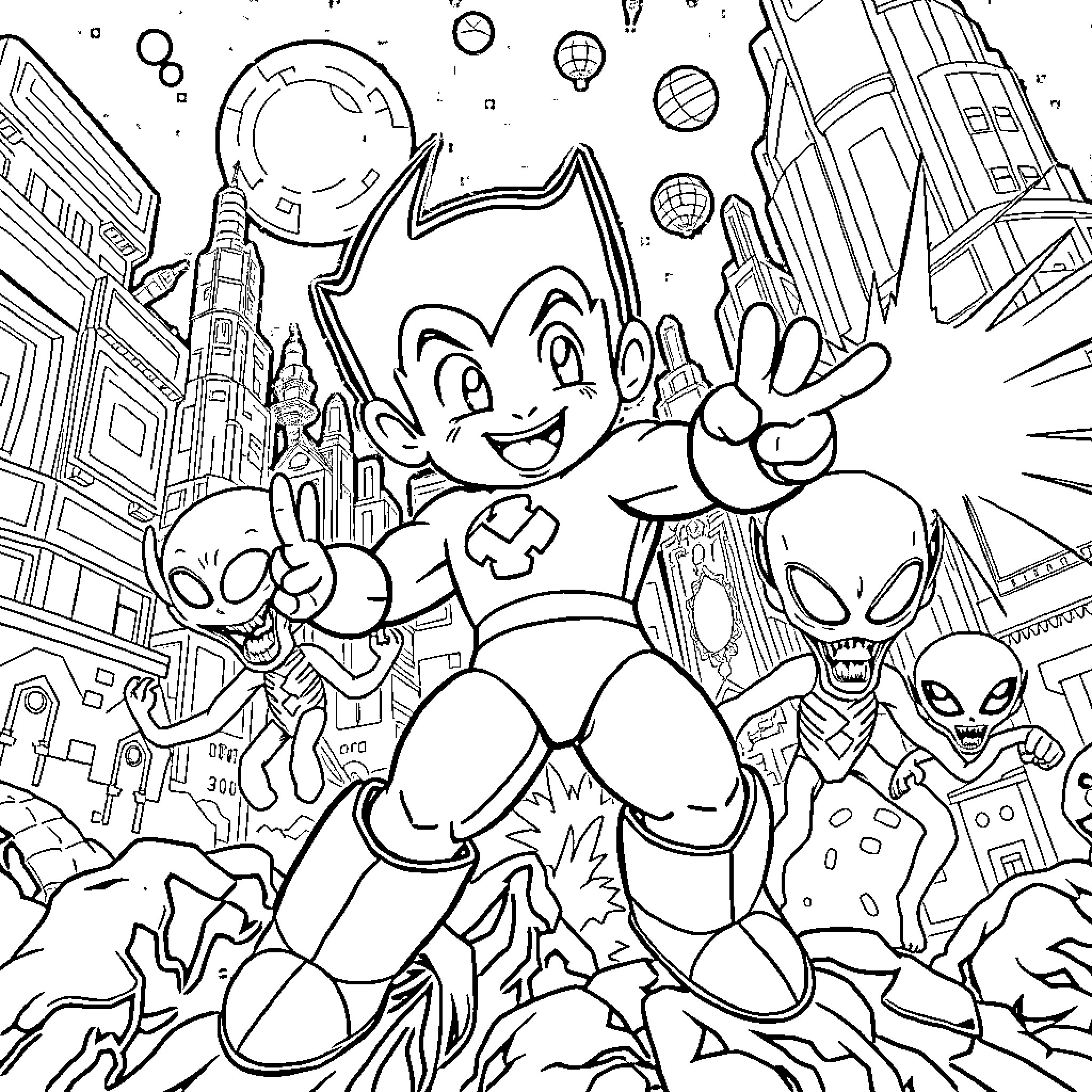 Astro Boy's Exciting Adventure in the City Coloring Page (free black-and-white line drawing printable PDF for all, from beginners to advanced learners, including children, teens, adults, and seniors)